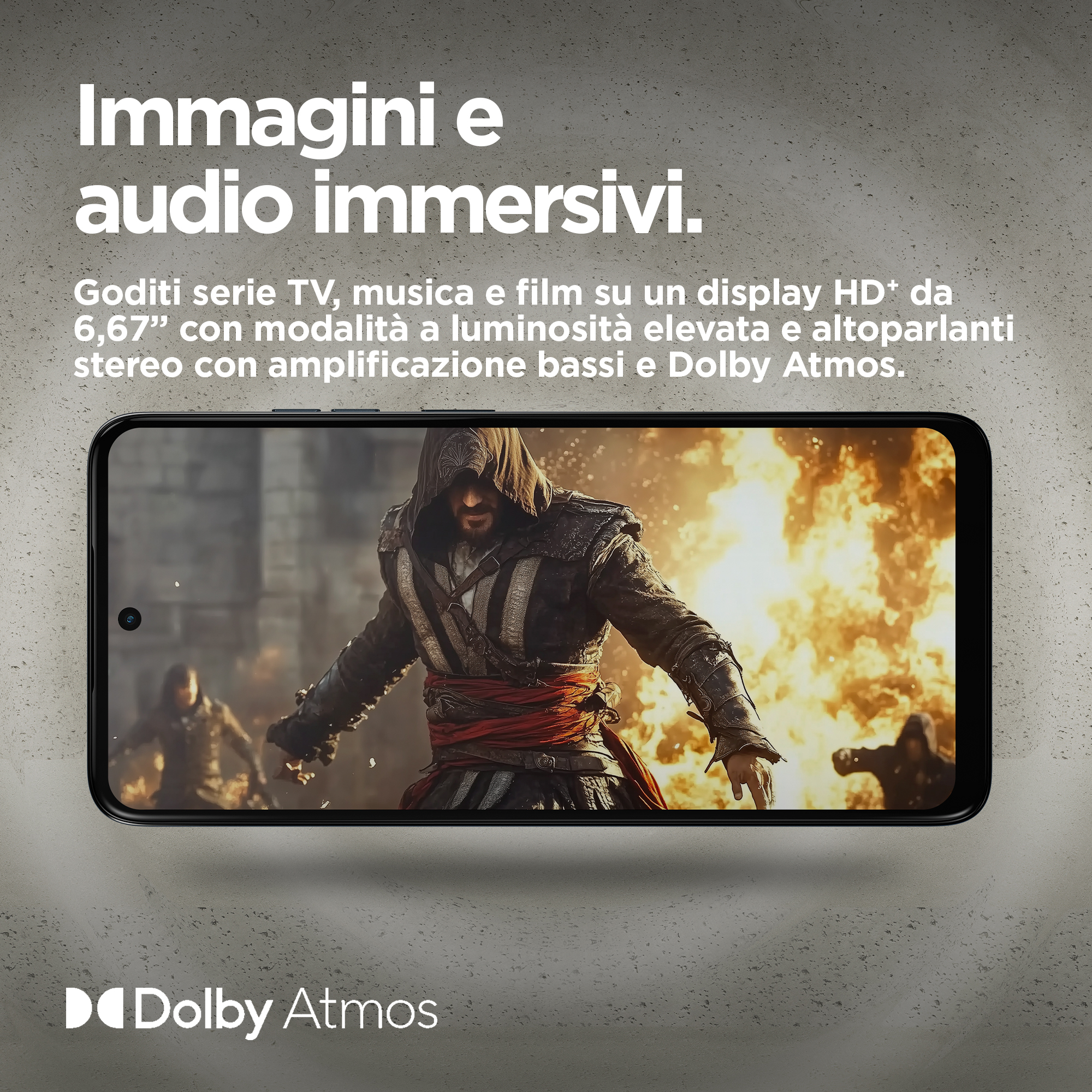 Smartfon wyświetlający scenę z gry wideo z nakładką tekstową.