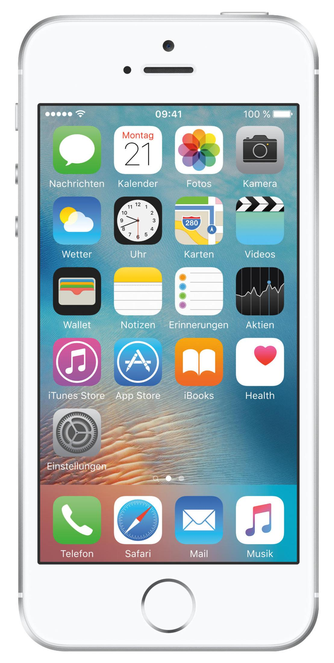 Biały iPhone z aplikacjami na ekranie. Ikony wiadomości, kalendarza, aparatu, pogody itp. widoczne.