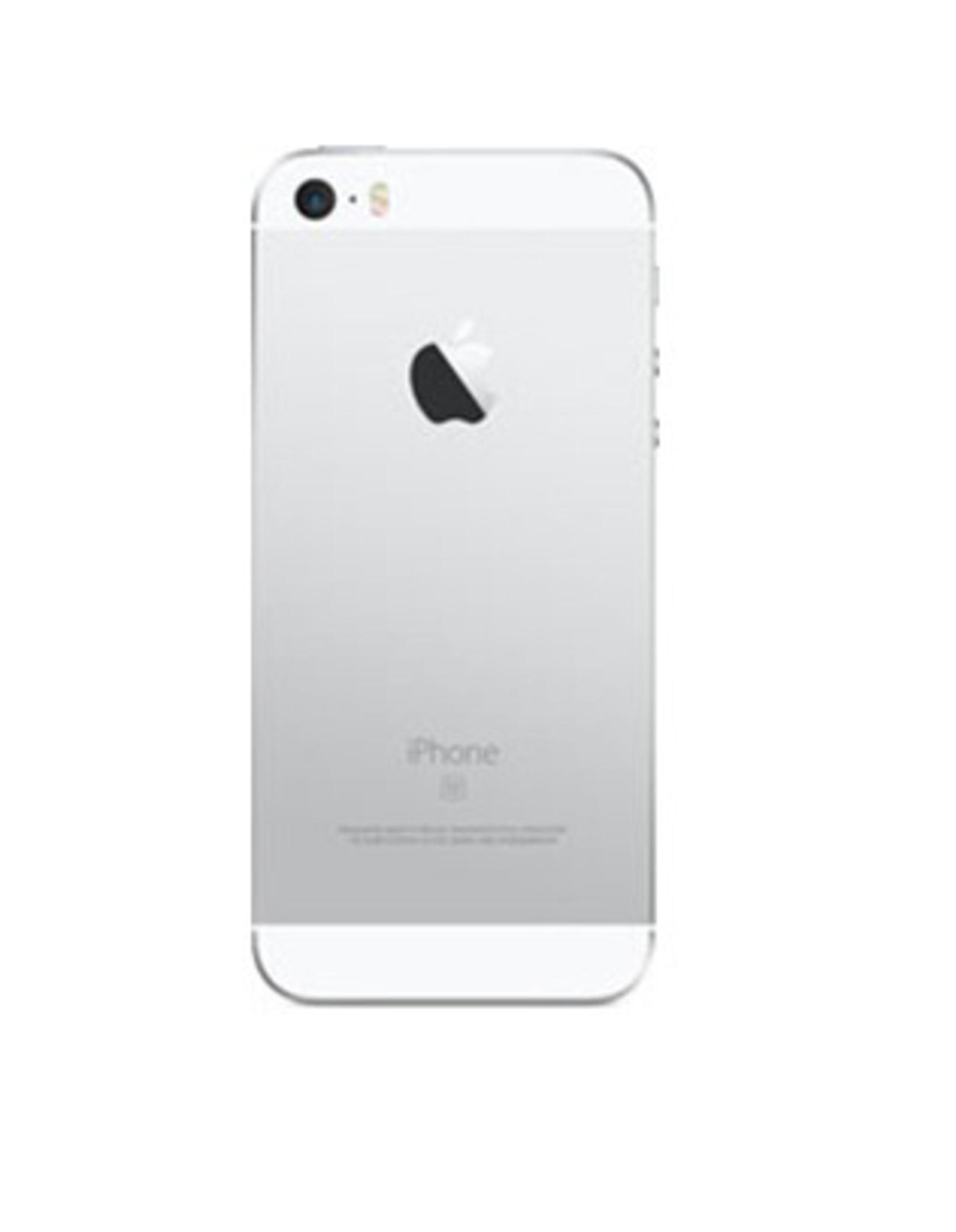 Srebrny iPhone SE na białym tle, widoczne logo Apple. Prosty design, widok z tyłu.