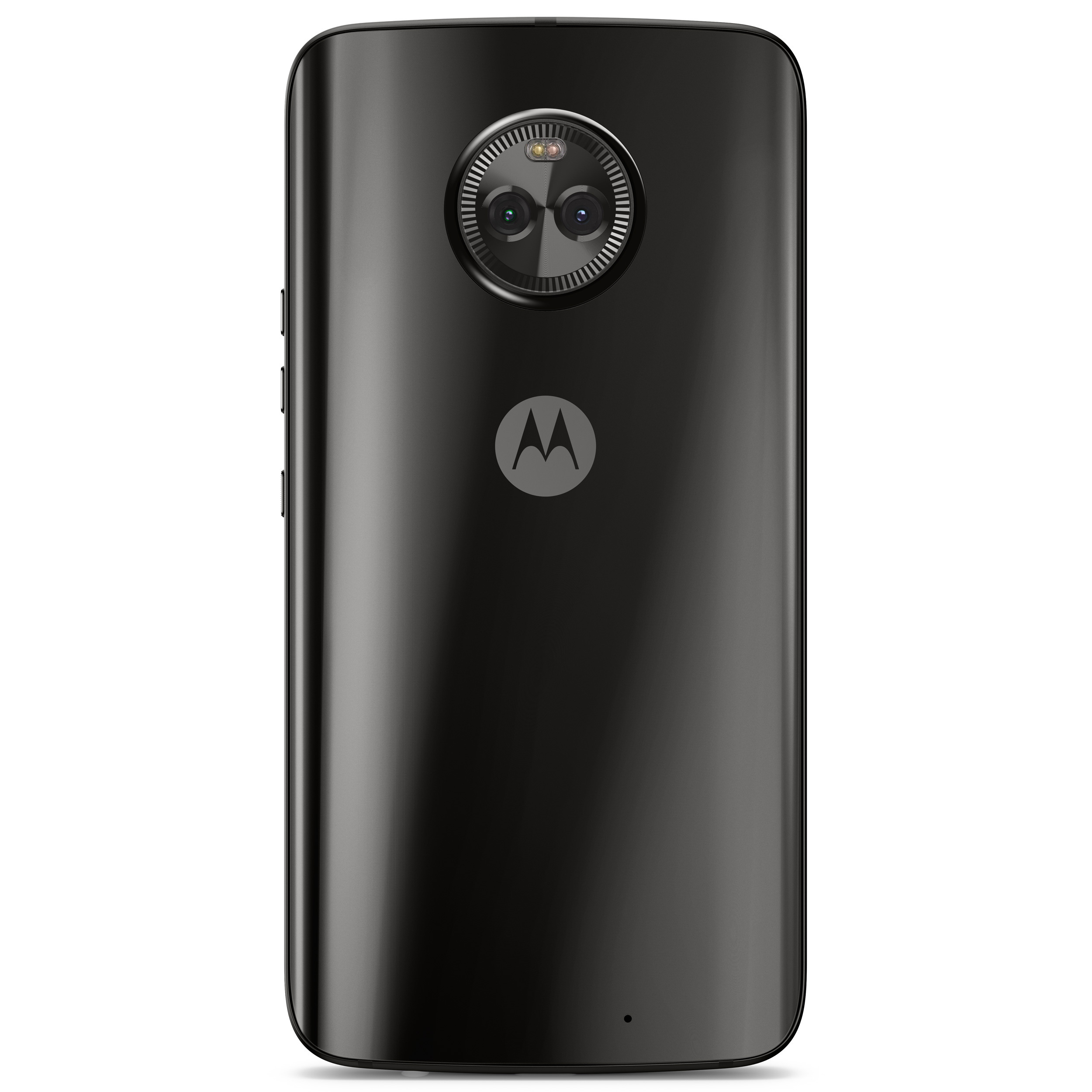 Schwarze Smartphone-Rückseite. Dual-Kameras, Motorola-Logo und schlankes Design.