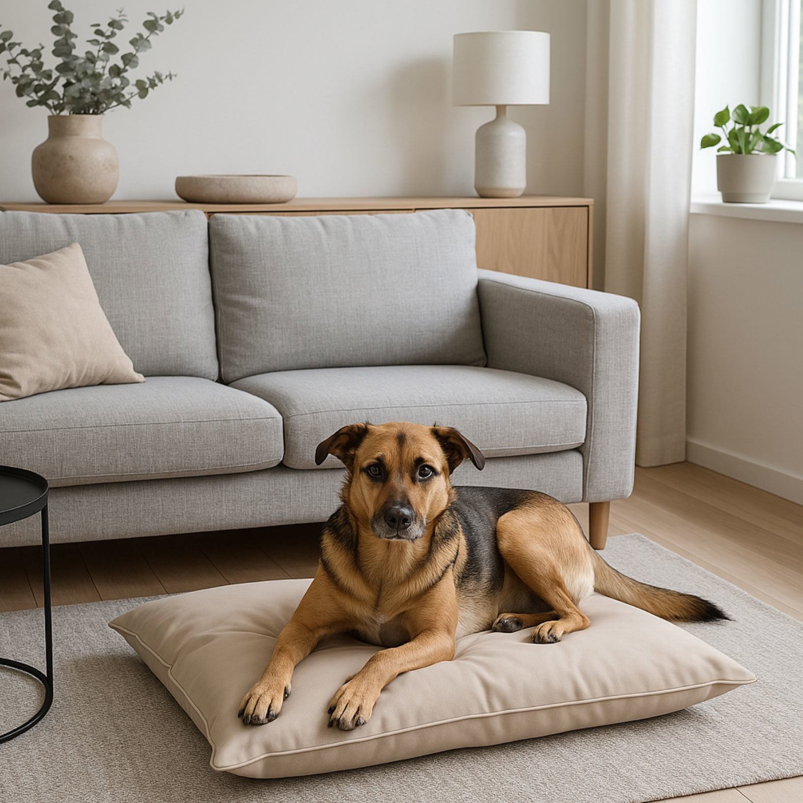 Dog lying on a beige dog bed in a living room with a sofa, lamp, and plant.