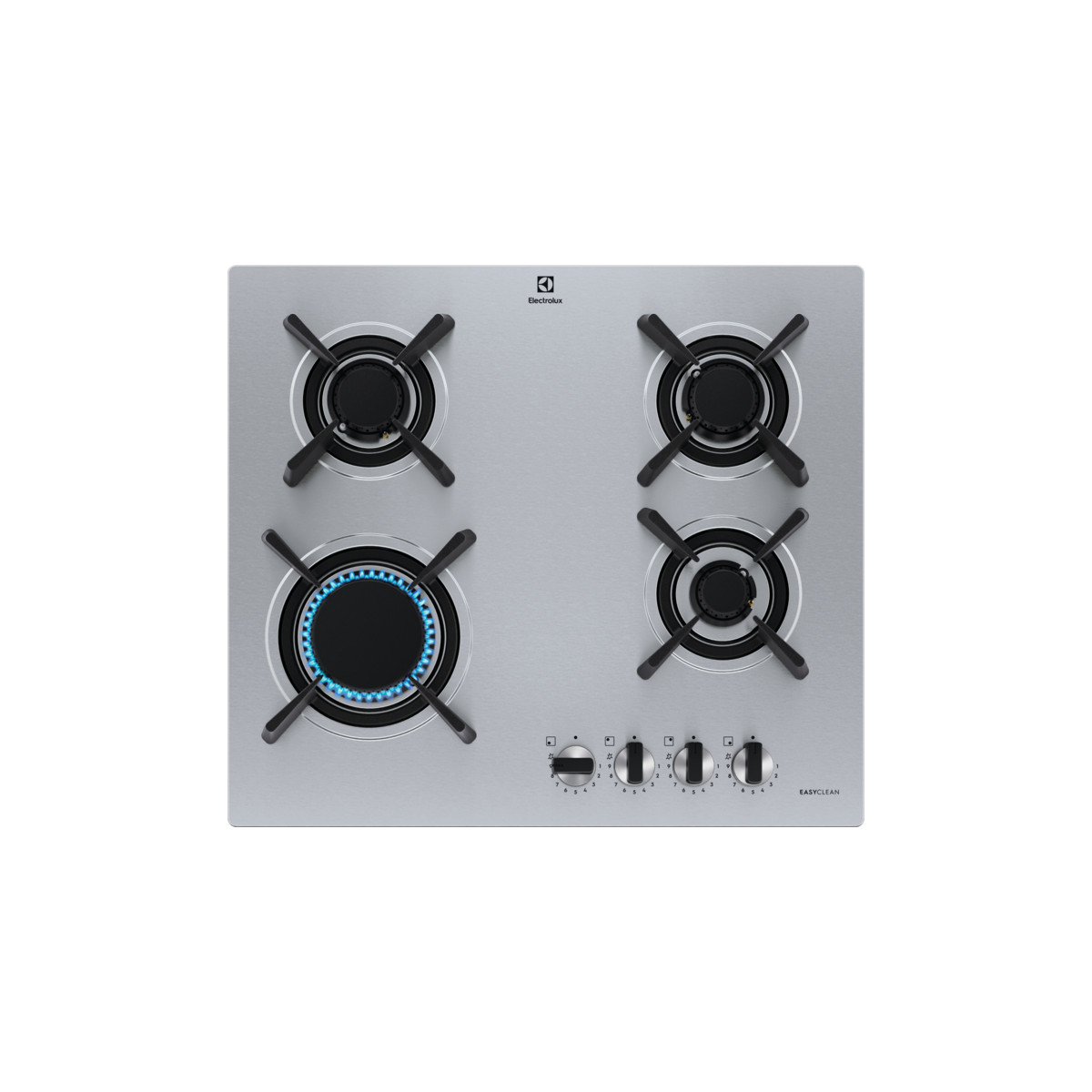 Srebrna płyta gazowa z czterema palnikami i czarnymi pokrętłami. Tło jest białe.