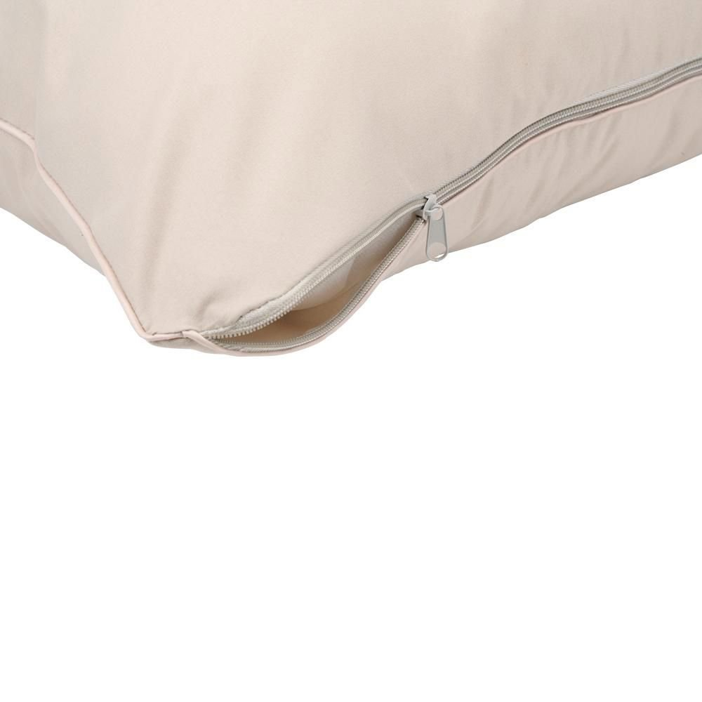 Close-up of a pillow with a zipper, beige fabric.