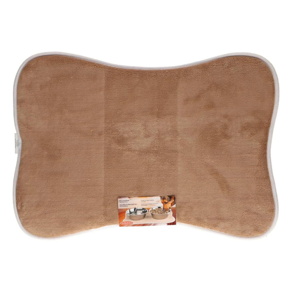 A brown, bone-shaped dog bed with a white border. A small box shows dog bowls.