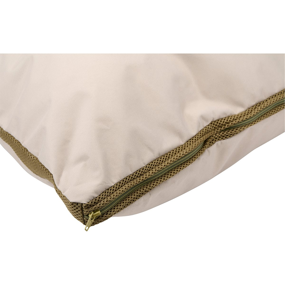 Beige pillow with a green zipper and a mesh-like seam.