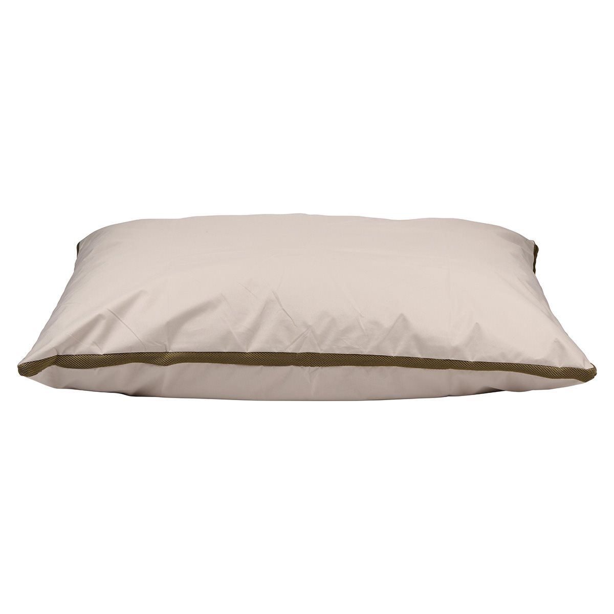 A beige rectangular pillow with a brown border on a white background. The pillow is lying flat.