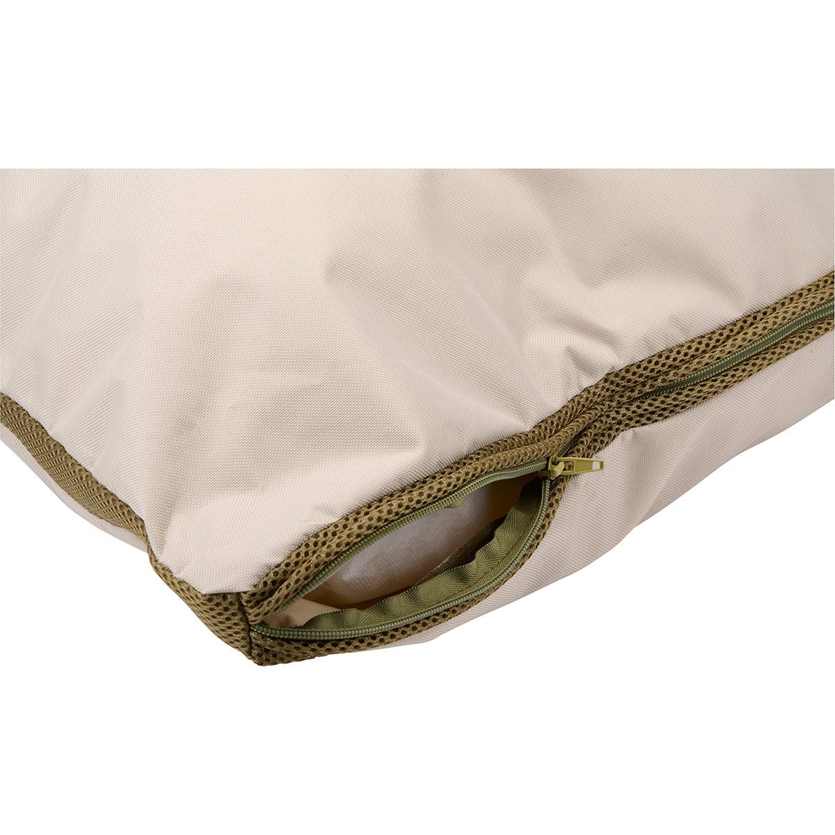 Close-up of a beige pillow with a green zipper and mesh trim. White background.