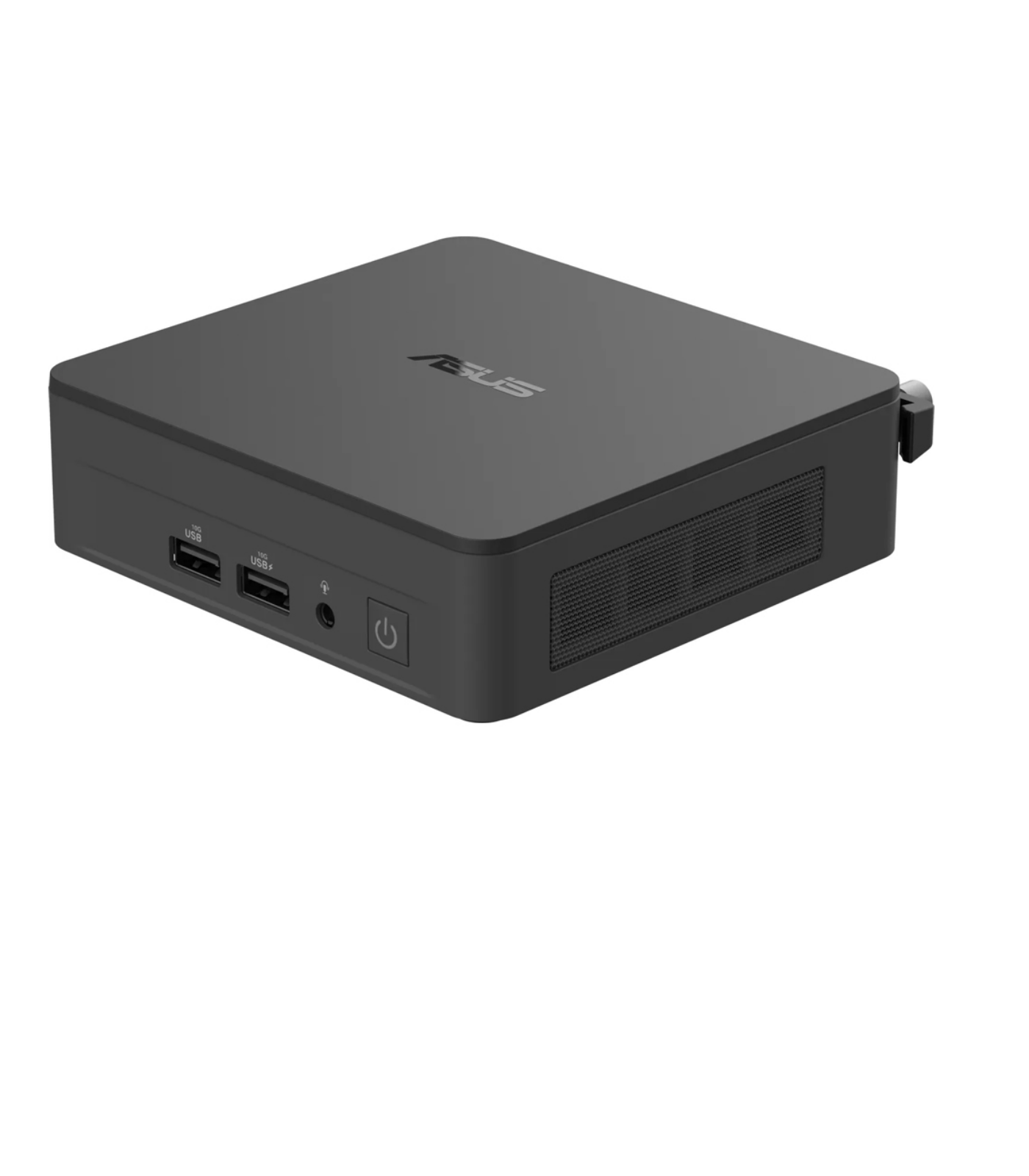 Mały, czarny komputer z portami USB i przyciskiem zasilania, widok z góry.