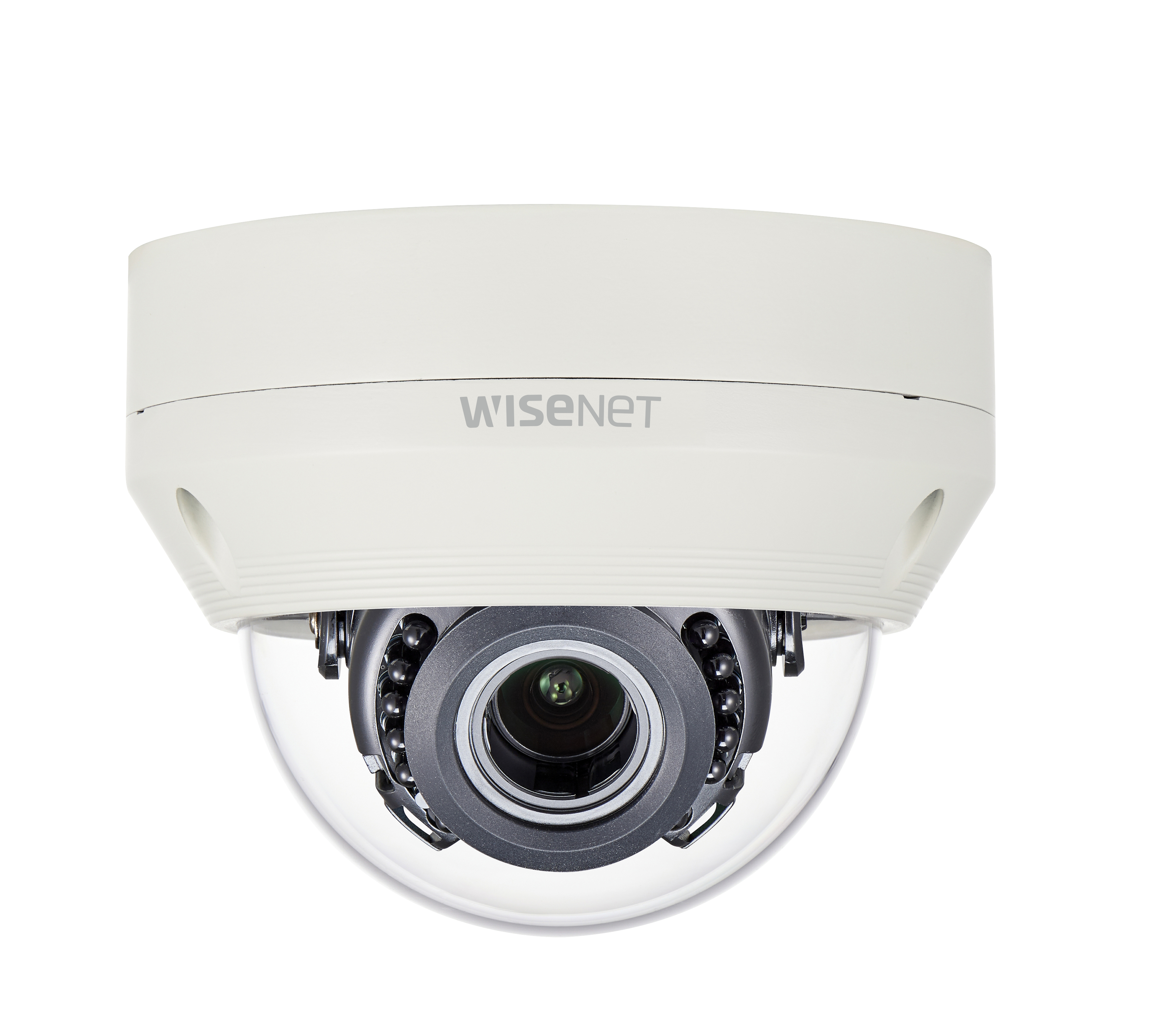 Una telecamera di sicurezza a cupola bianca con la scritta 'wisenet' sulla parte anteriore.