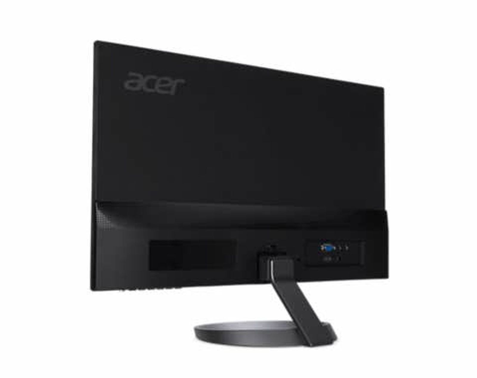 Vista trasera de un monitor de computadora negro. Logo Acer arriba. Soporte y puertos visibles.