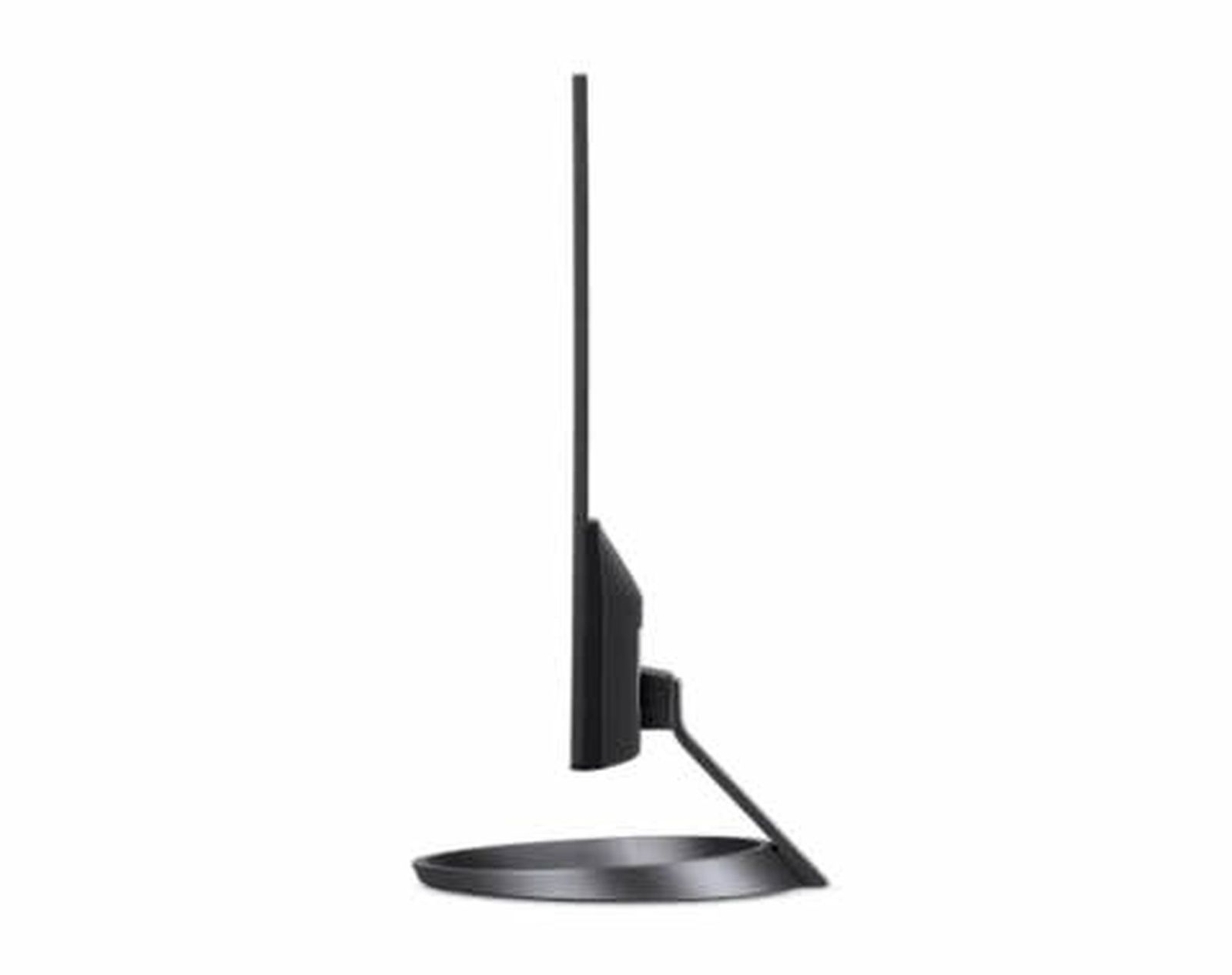 Un monitor de ordenador delgado y negro, visto de lado. Tiene un bisel delgado y un soporte.