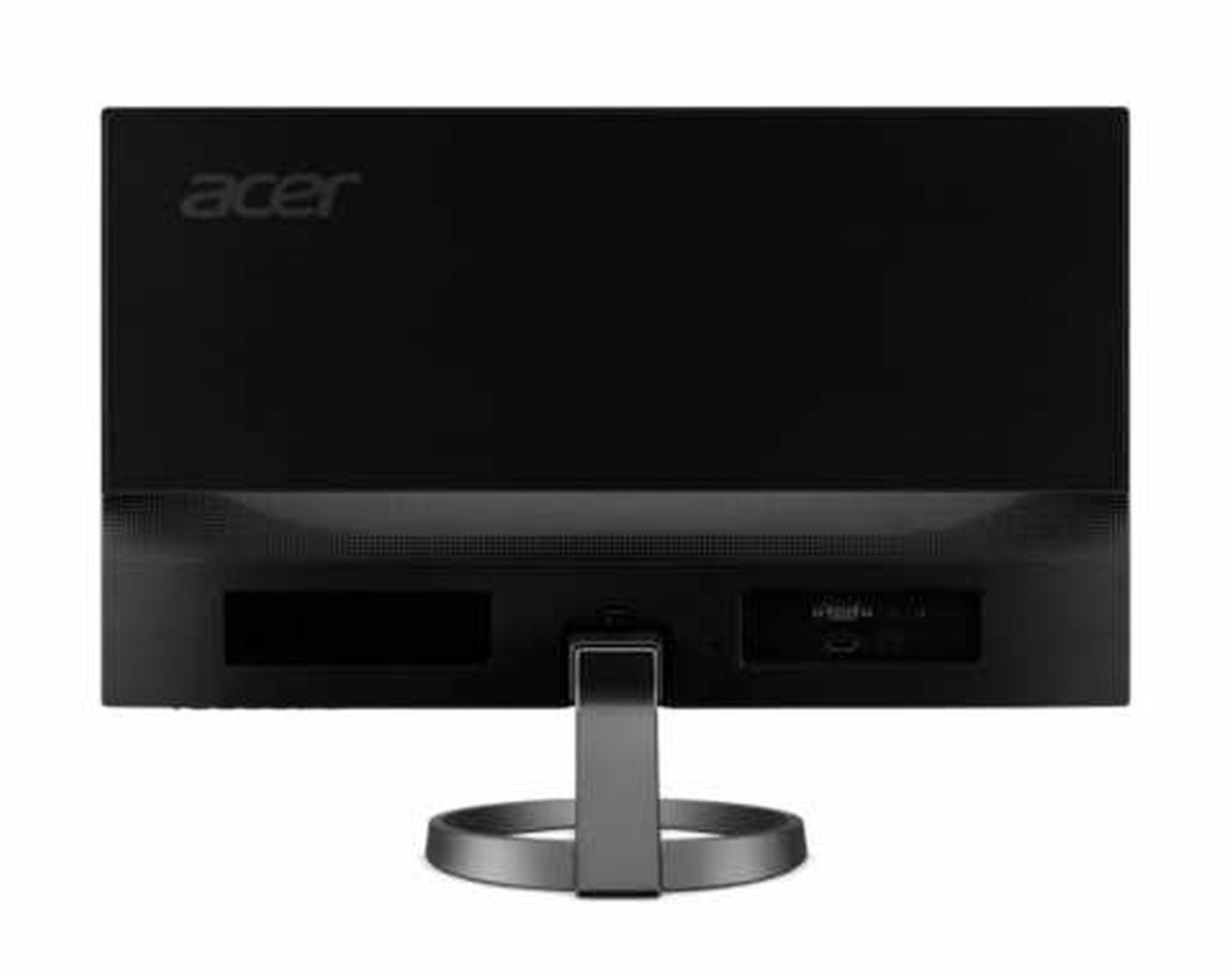 La parte trasera de un monitor de computadora negro con un soporte. El logotipo de Acer es visible en la parte superior.
