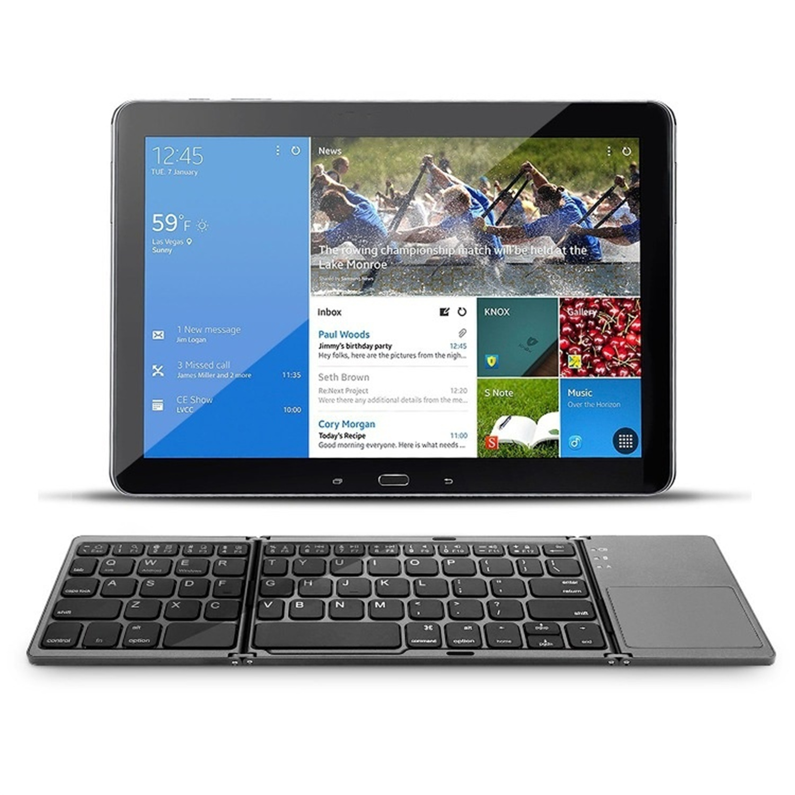 Tablet zeigt Nachrichten und eine Tastatur vor dem Tablet.
