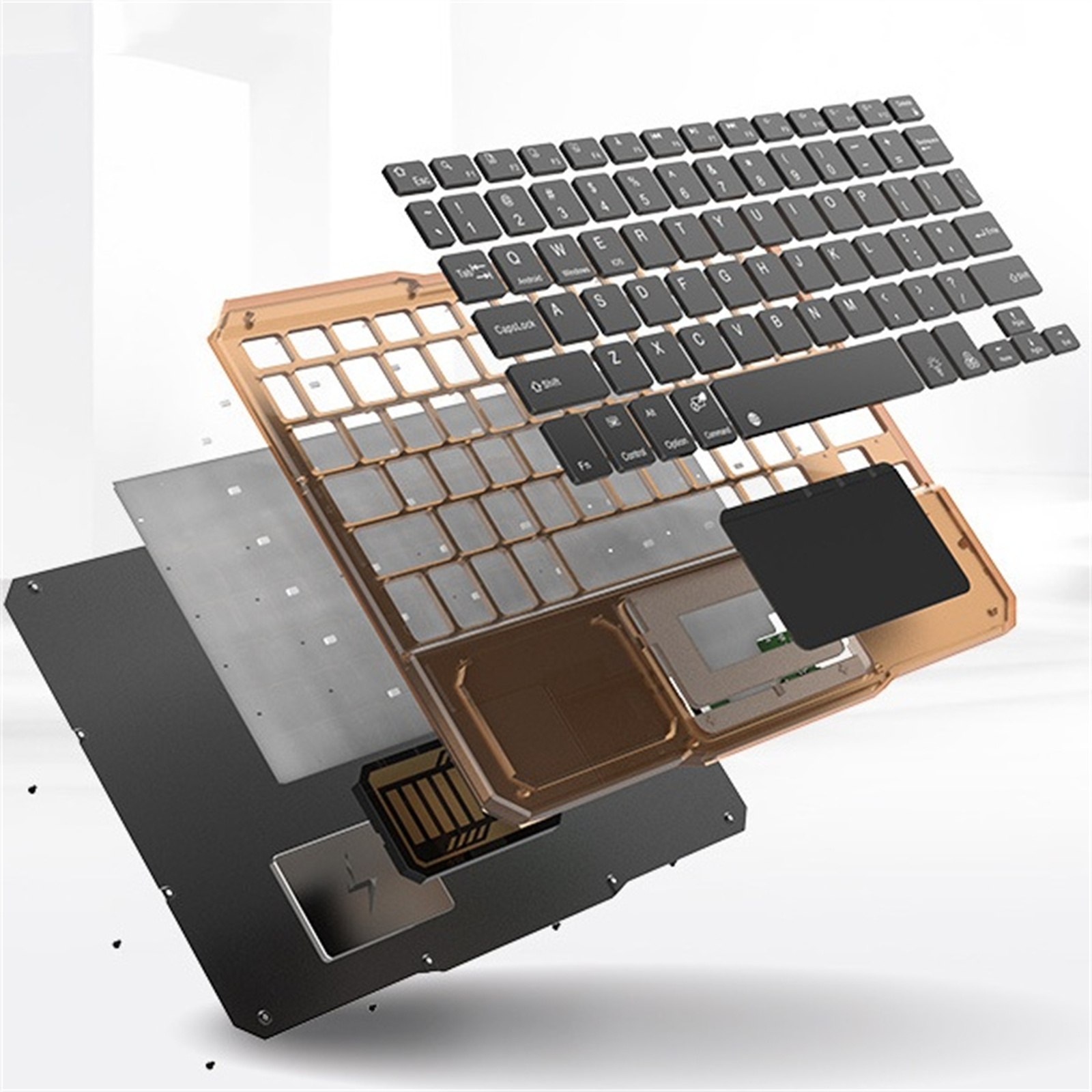 Explosionsansicht einer Tastatur, die Tasten, die internen Komponenten und das Gehäuse zeigt.