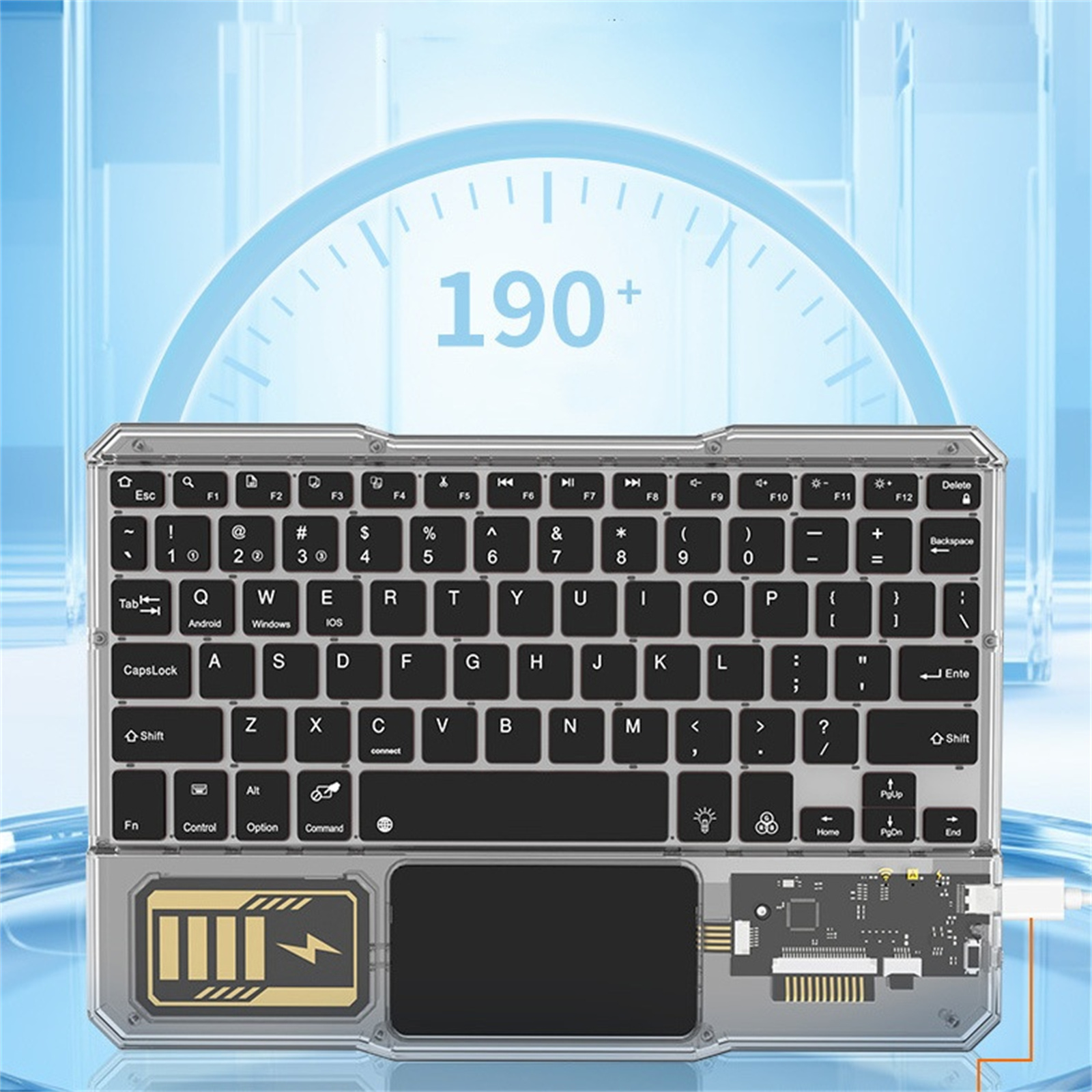 Eine silberne und schwarze Tastatur mit Touchpad und Ladezustandsanzeige.