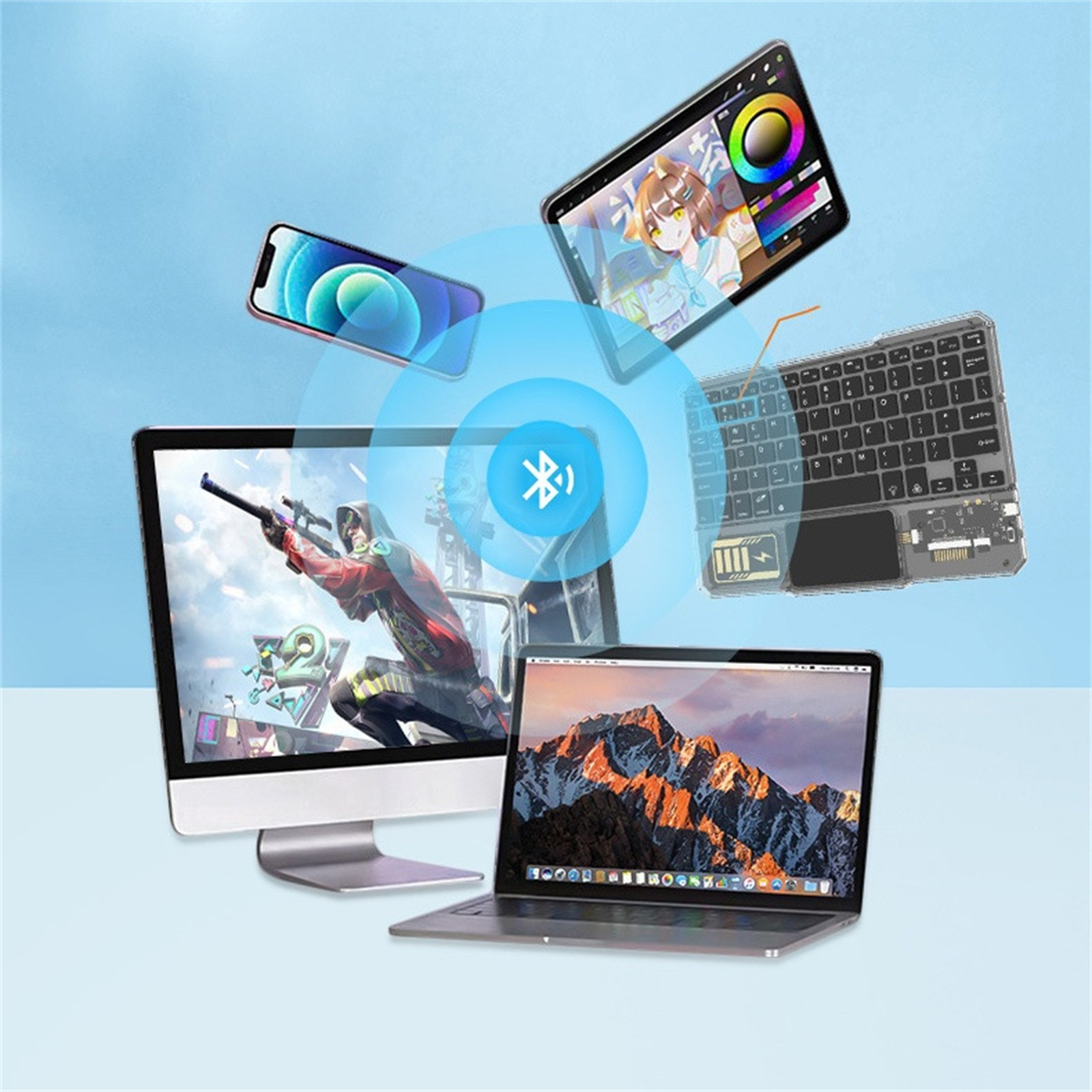 Eine Sammlung von Geräten, die über Bluetooth verbunden sind: Telefon, Tablet, Laptop und Desktop, mit Bluetooth-Symbol.