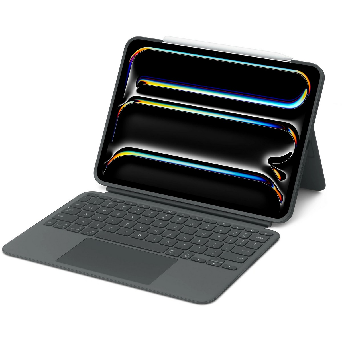Tablet grigio scuro con tastiera e stilo, che mostra uno schermo in bianco e nero.