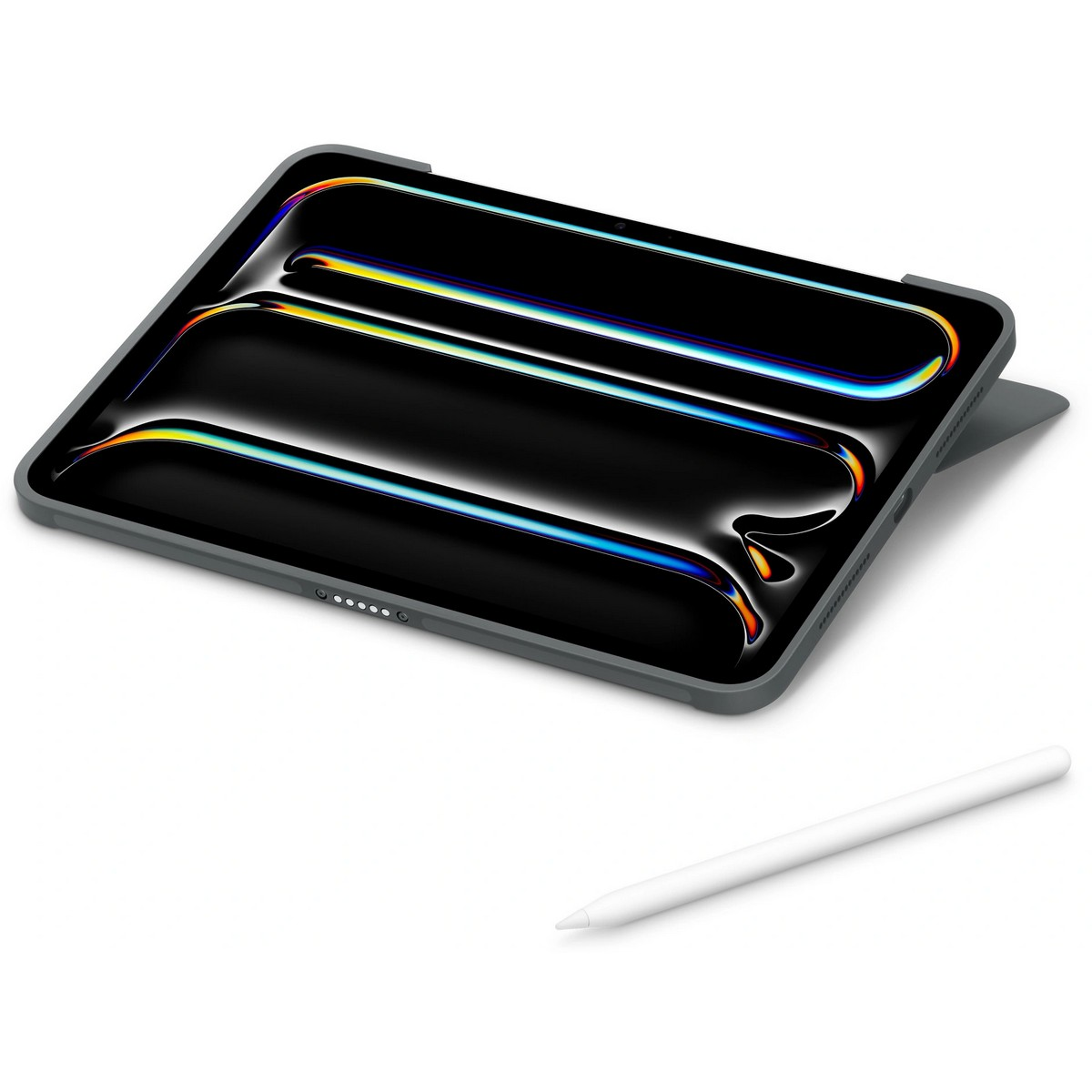 Un tablet grigio con schermo nero, in una custodia con uno stilo.