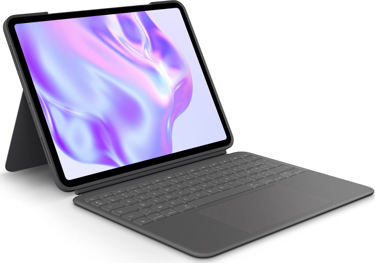 Tablet grigio con custodia tastiera. Schermo mostra sfondo sfumato colorato.