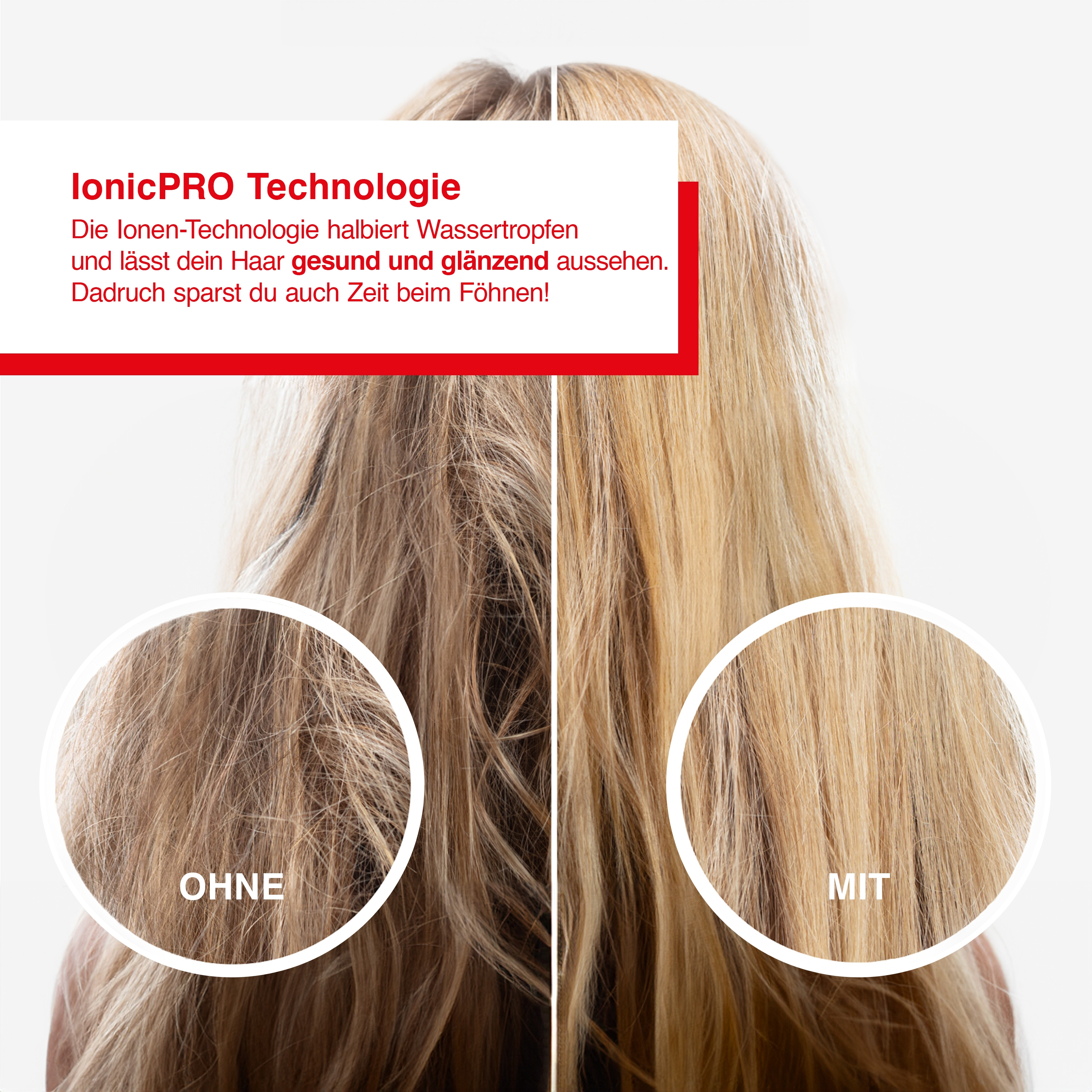 Confronto capelli biondi: prima e dopo il trattamento con tecnologia ionicPRO.