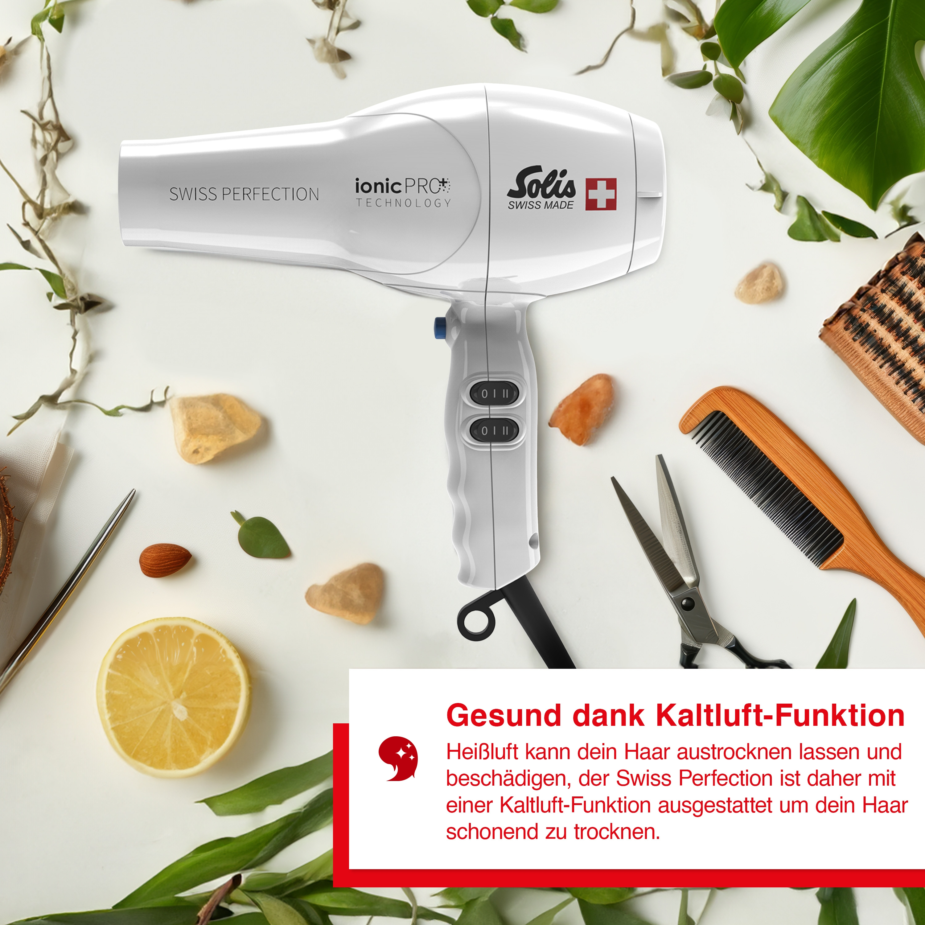 Asciugacapelli con testo sulla funzione aria fredda e i suoi benefici per i capelli.
