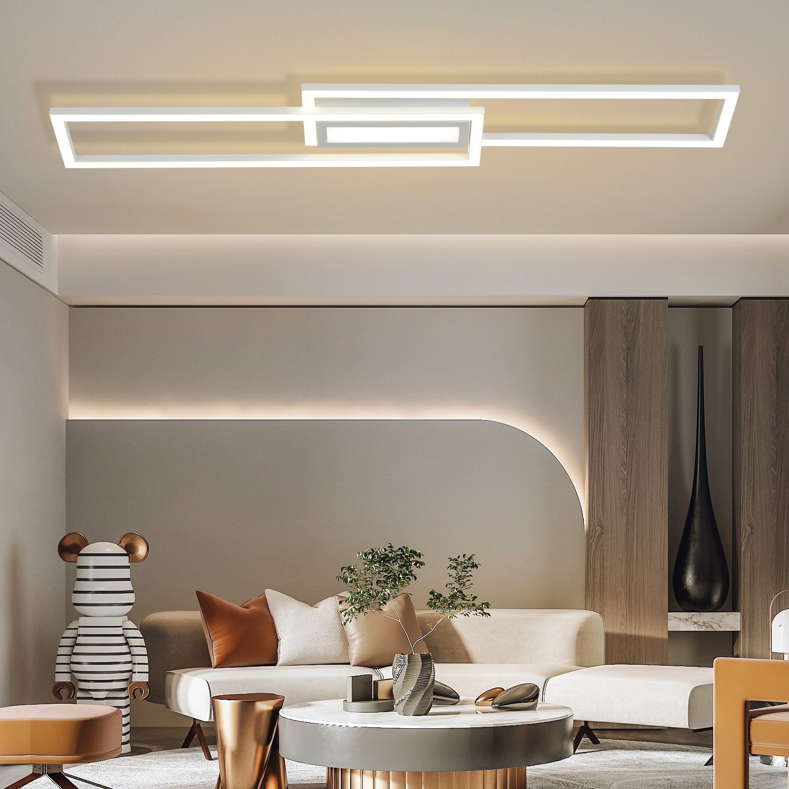 Nowoczesny salon z białą lampą sufitową i sofą.