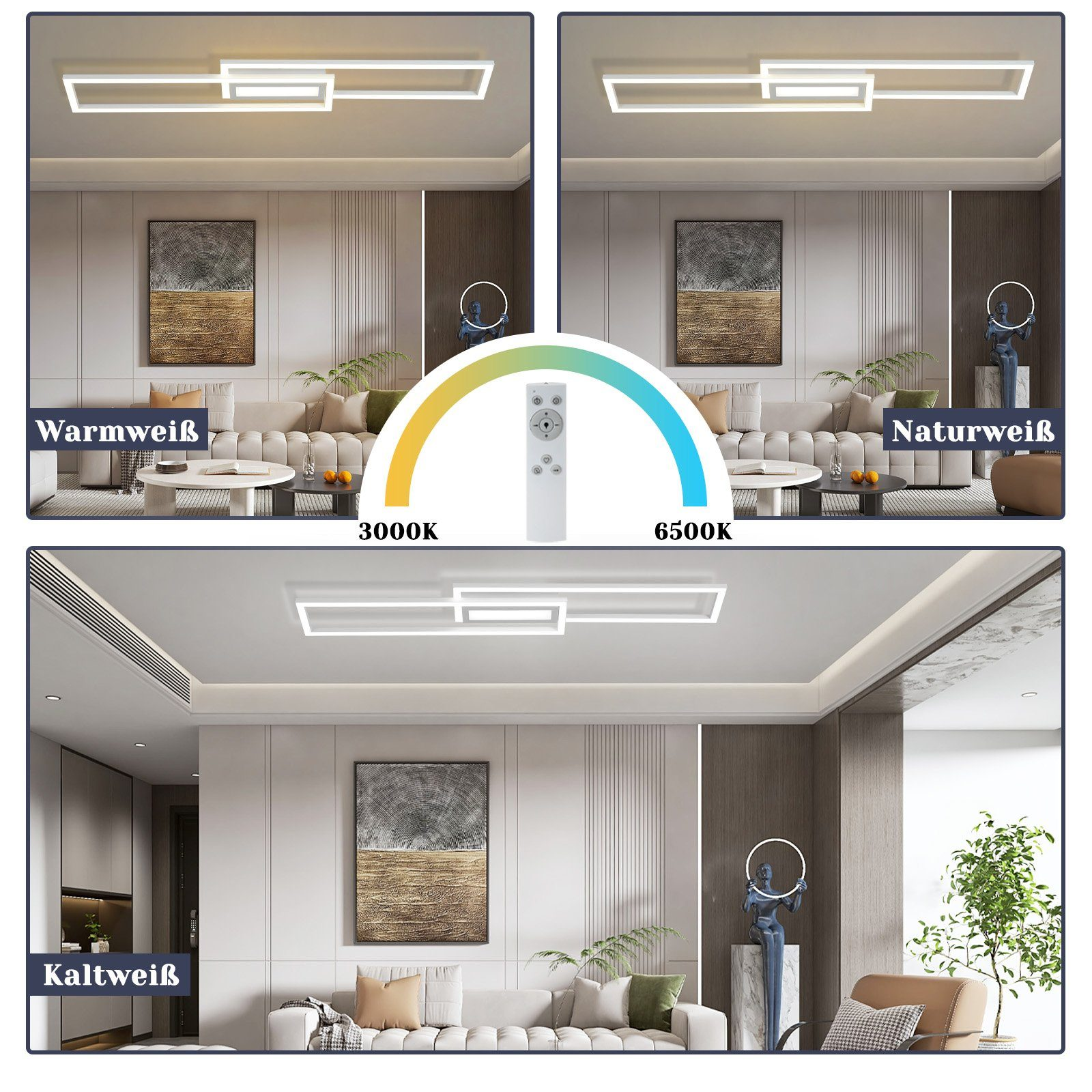 Trzy zdjęcia lamp sufitowych LED. Pierwsze pokazuje różne temperatury barwowe. Dwa pozostałe szczegółowo opisują design.