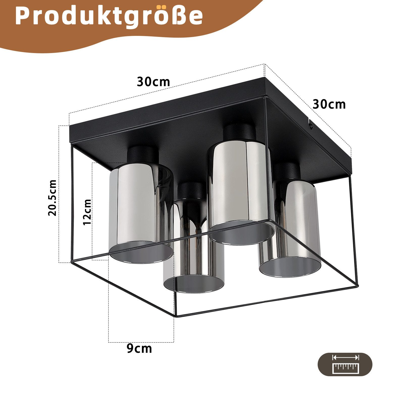 Czarna kwadratowa lampa sufitowa z czterema srebrnymi cylindrami. Wymiary: 30cm x 30cm x 20,5cm.