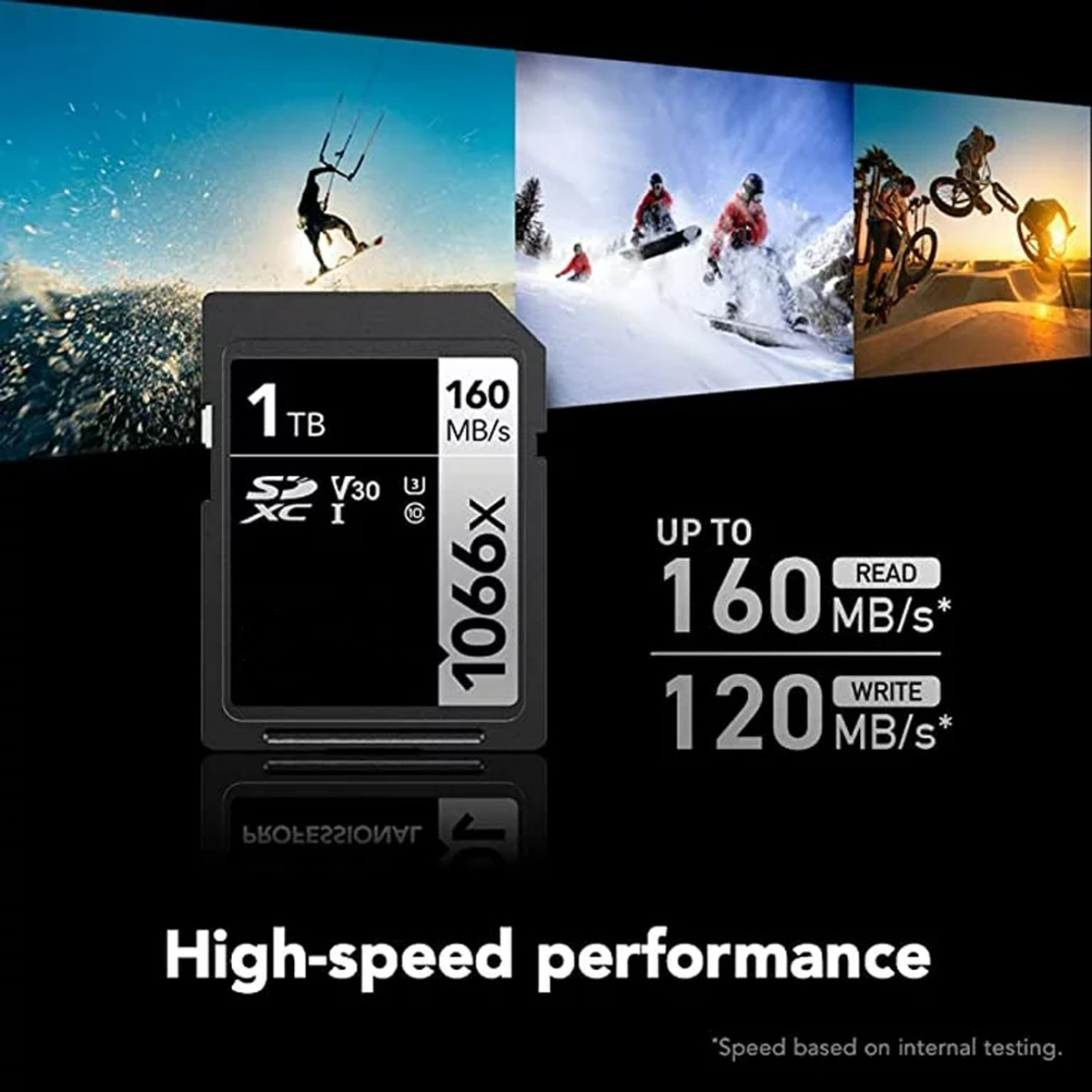 Eine schwarze SD-Karte mit 1 TB Kapazität. Sie zeigt Lese-/Schreibgeschwindigkeiten und Bilder von Snowboarden und anderen Sportarten.