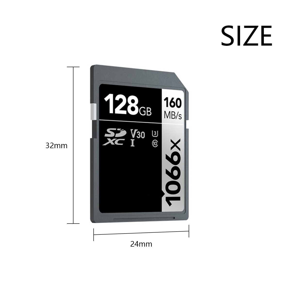 SD-Karte. Schwarz und grau. 128GB, 160MB/s. Abmessungen: 32mm x 24mm. Weißer Hintergrund.