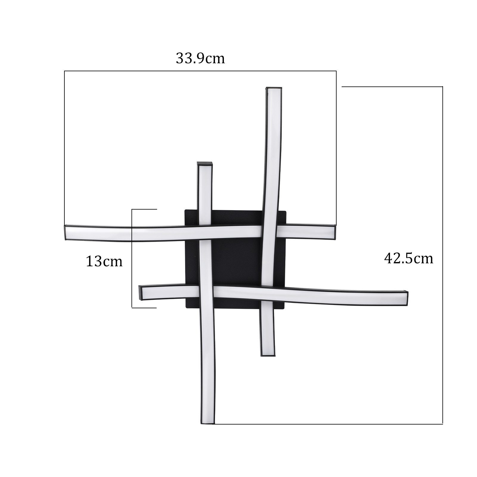 Una lampada da parete in bianco e nero con misure su sfondo bianco.