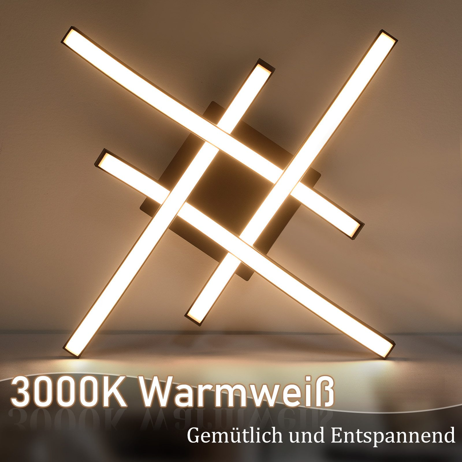 Luce da soffitto con più barre luminose intersecanti, che emettono luce bianca calda. Il testo dice '3000K Bianco Caldo'.