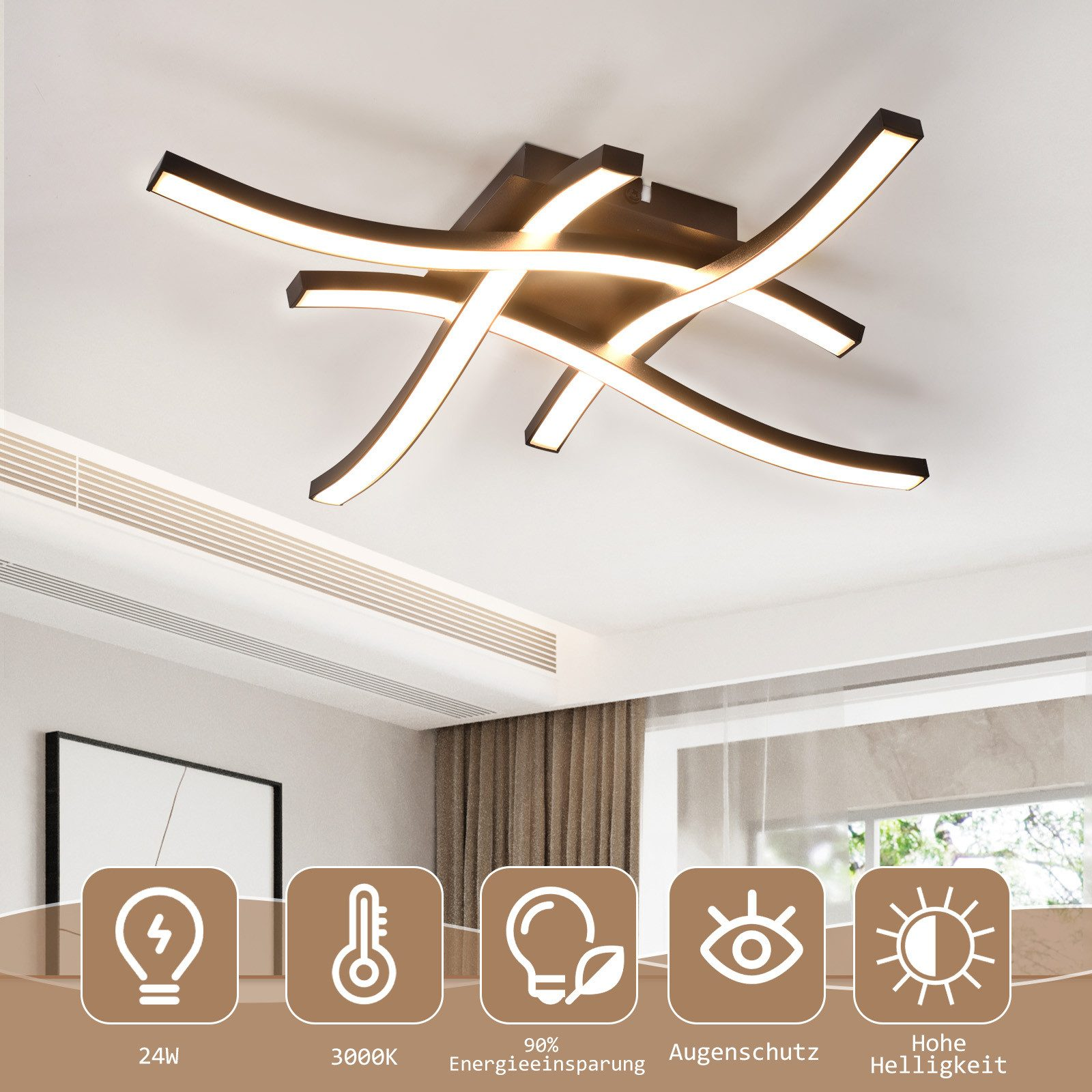 Lampada da soffitto moderna con un design geometrico. Multiple barre luminose, marroni e bianche, con icone in basso.