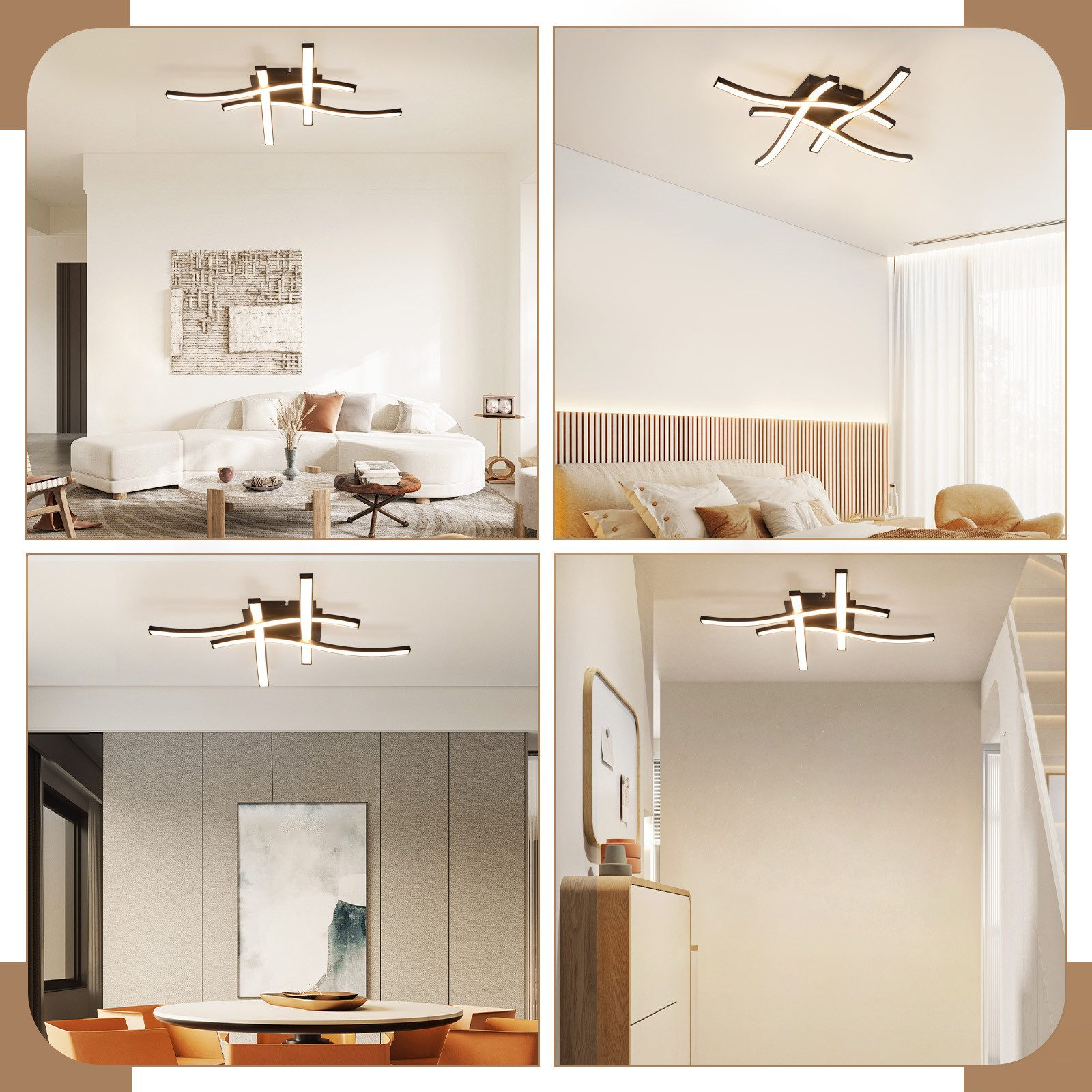 Quattro immagini di una moderna lampada da soffitto in diverse stanze, che mostrano opzioni di design e posizionamento.
