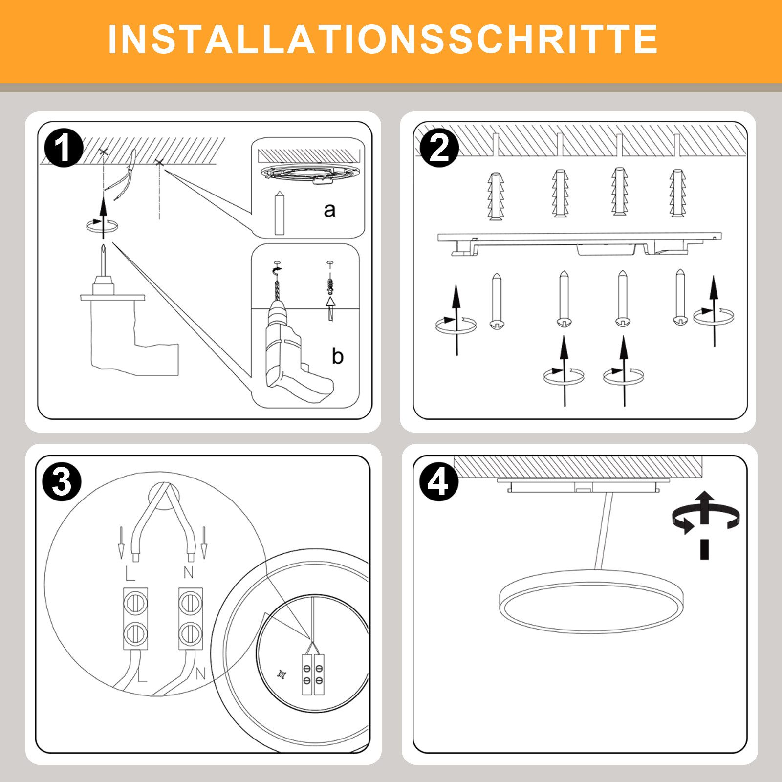 Vierteiliges Diagramm mit den Installationsschritten für Deckenleuchten. Enthält Bohren, Einsetzen, Verdrahten und Sichern des Lichts.