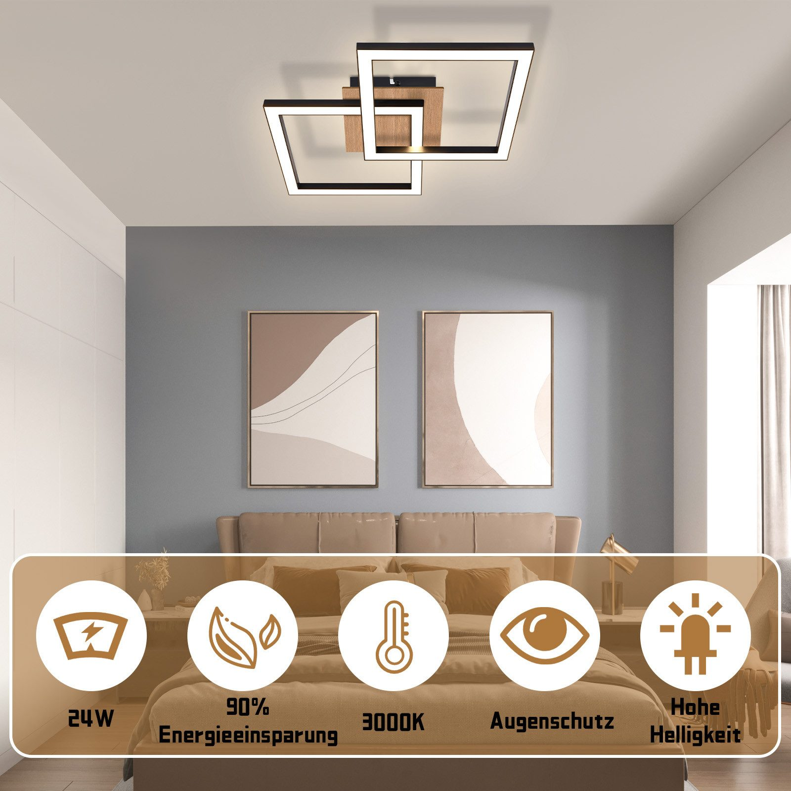 Nowoczesna lampa sufitowa w salonie. Lampa ma kwadratowe ramy. W pokoju znajduje się łóżko i obrazy.