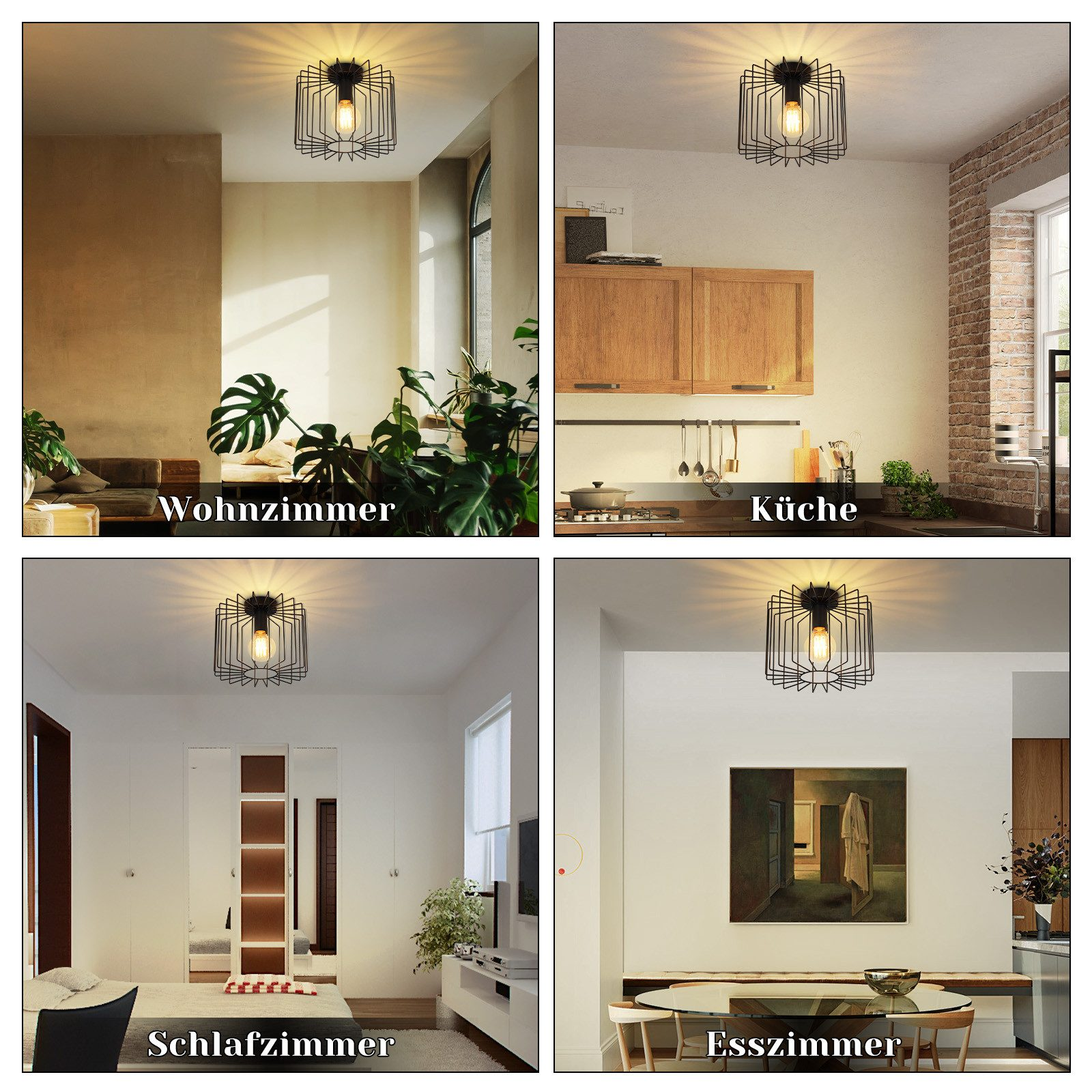 Cuatro imágenes de una lámpara de techo negra estilo jaula en diferentes habitaciones: sala de estar, cocina, dormitorio, comedor.