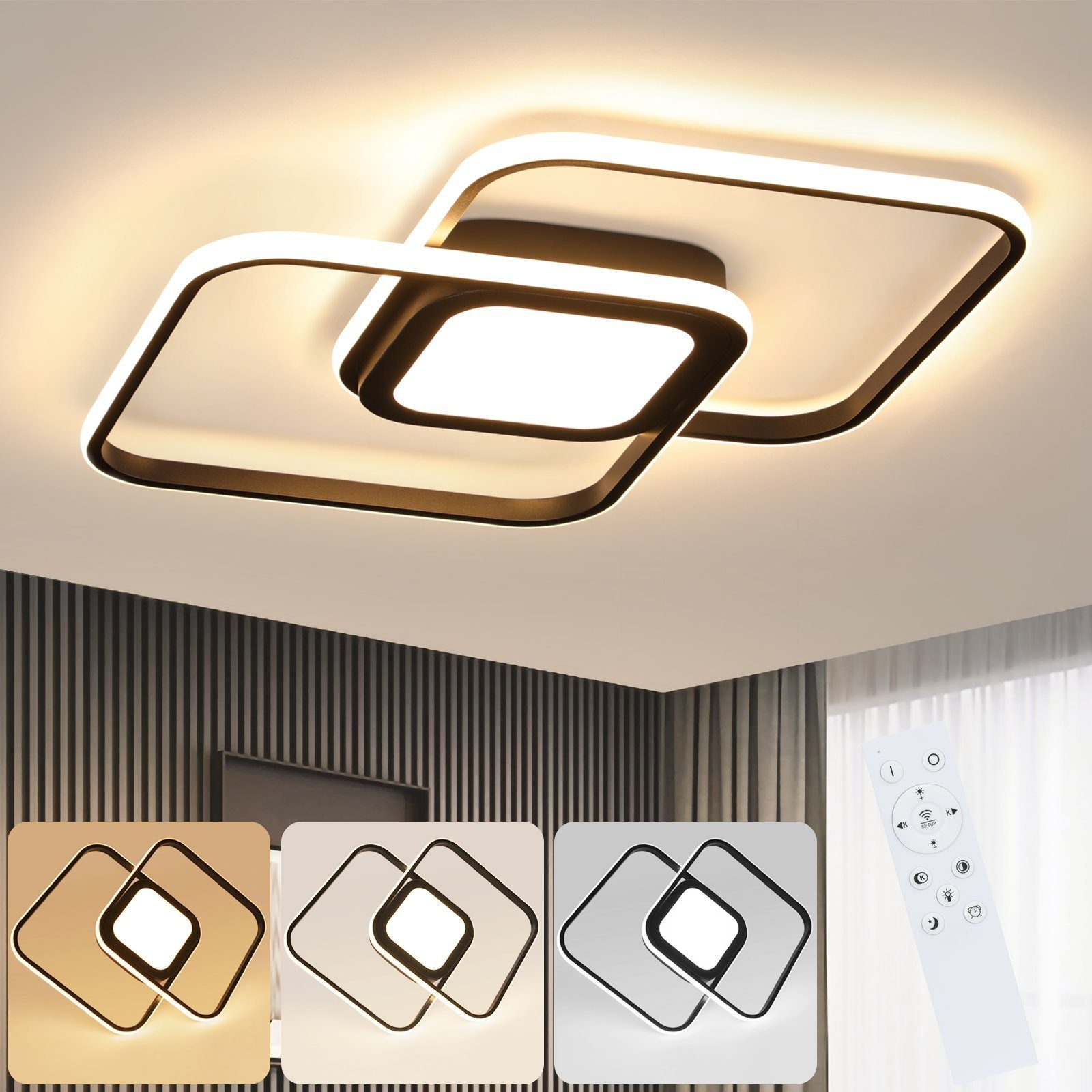 Lampada da soffitto con design quadrati sovrapposti e telecomando.