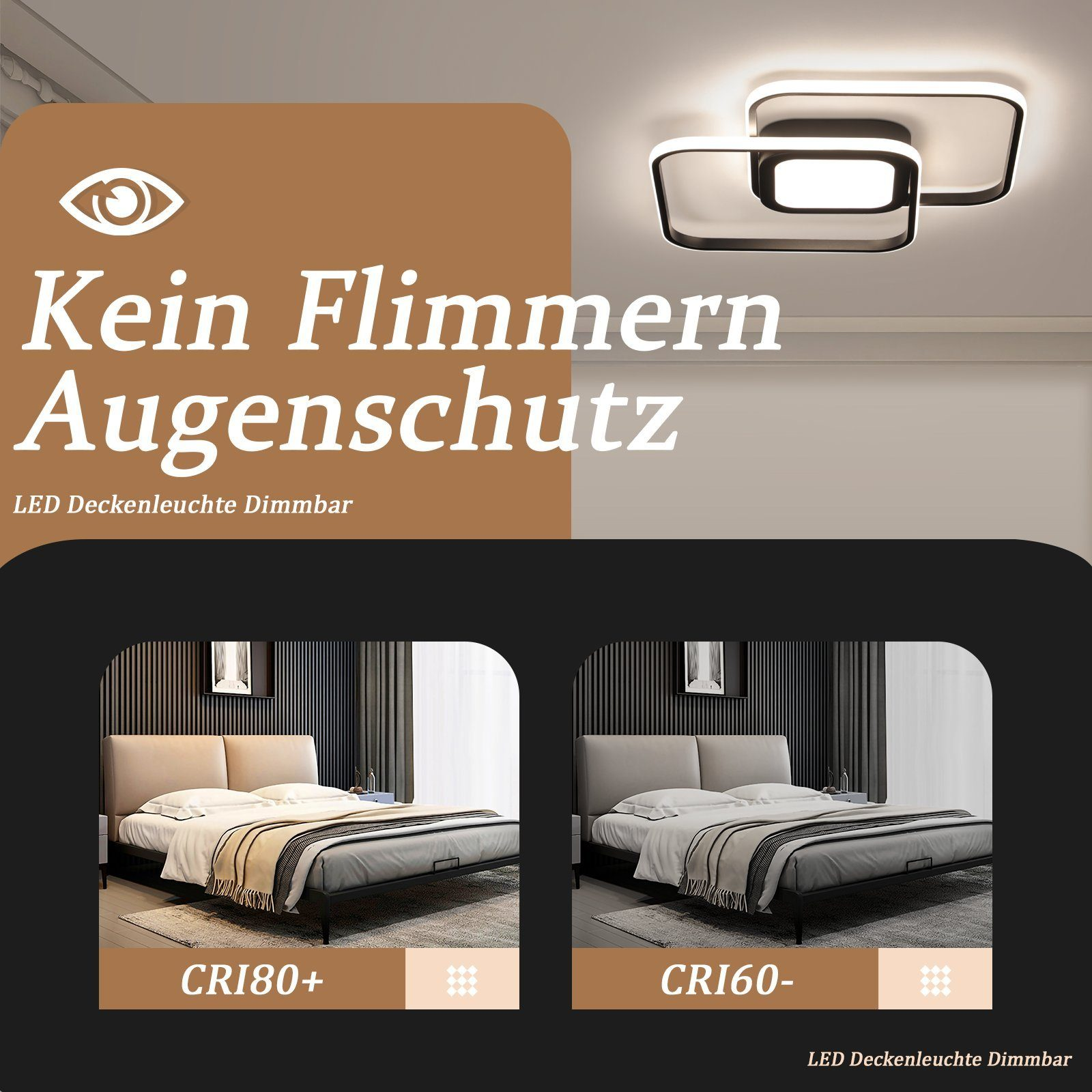 Immagine sulle luci a soffitto a LED, con due foto di camera da letto e un'icona occhio, con testo tedesco.