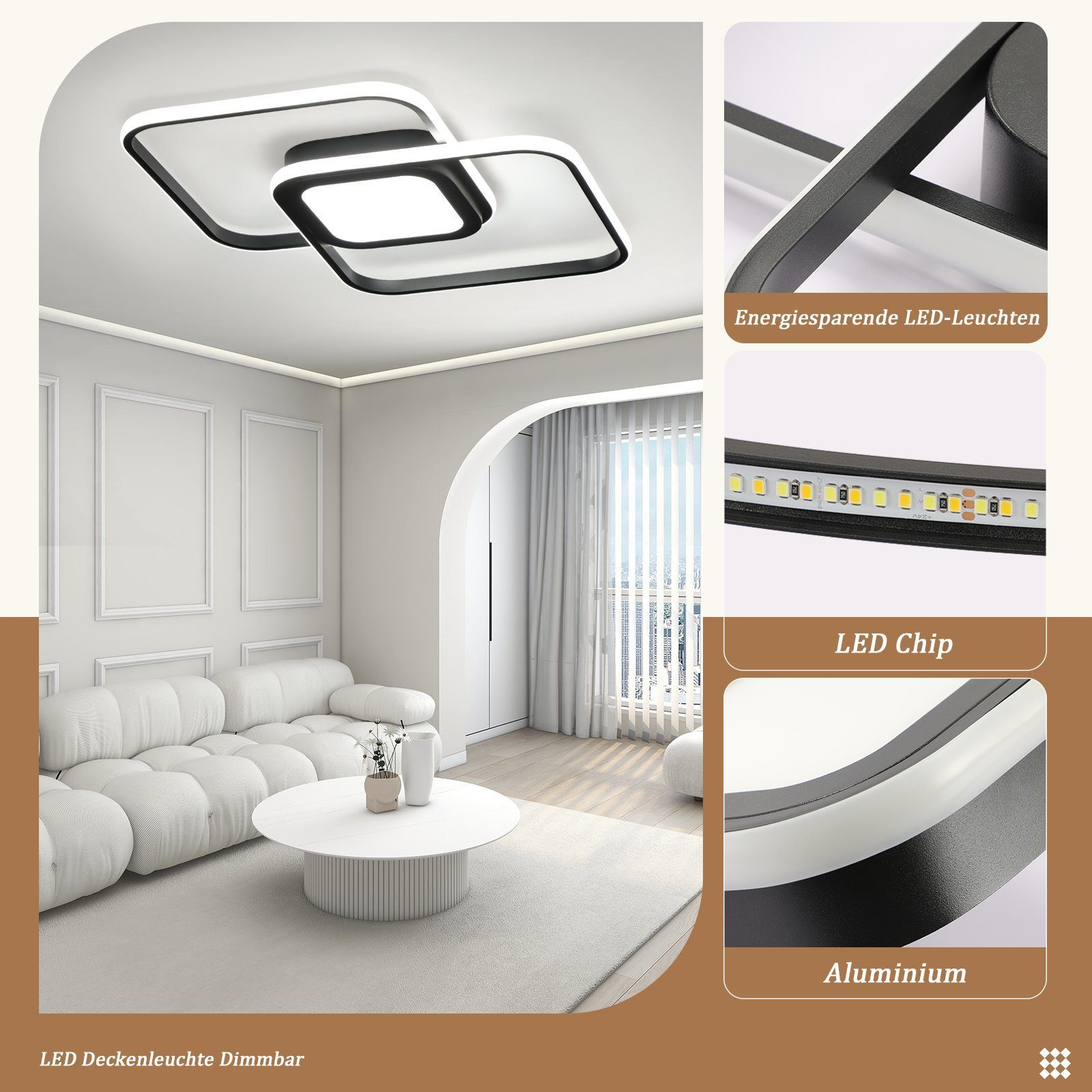 Un salón moderno con un sofá blanco, una mesa de centro redonda y una lámpara de techo geométrica en blanco y negro.