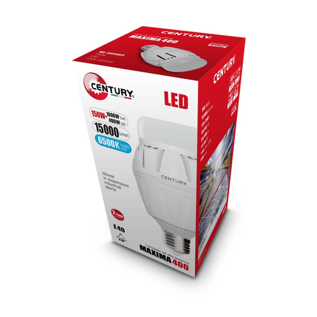 Boîte blanche et rouge avec une image d'ampoule LED blanche. Texte : Century Maxima 400 LED.