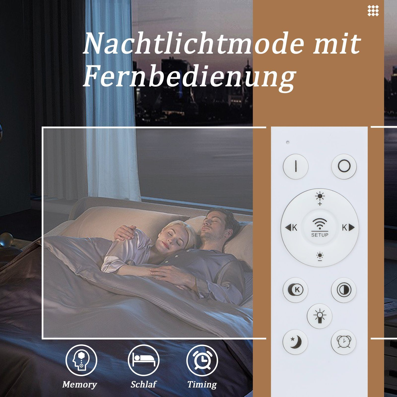 Un telecomando con icone per una modalità luce notturna, con una coppia a letto sullo sfondo.