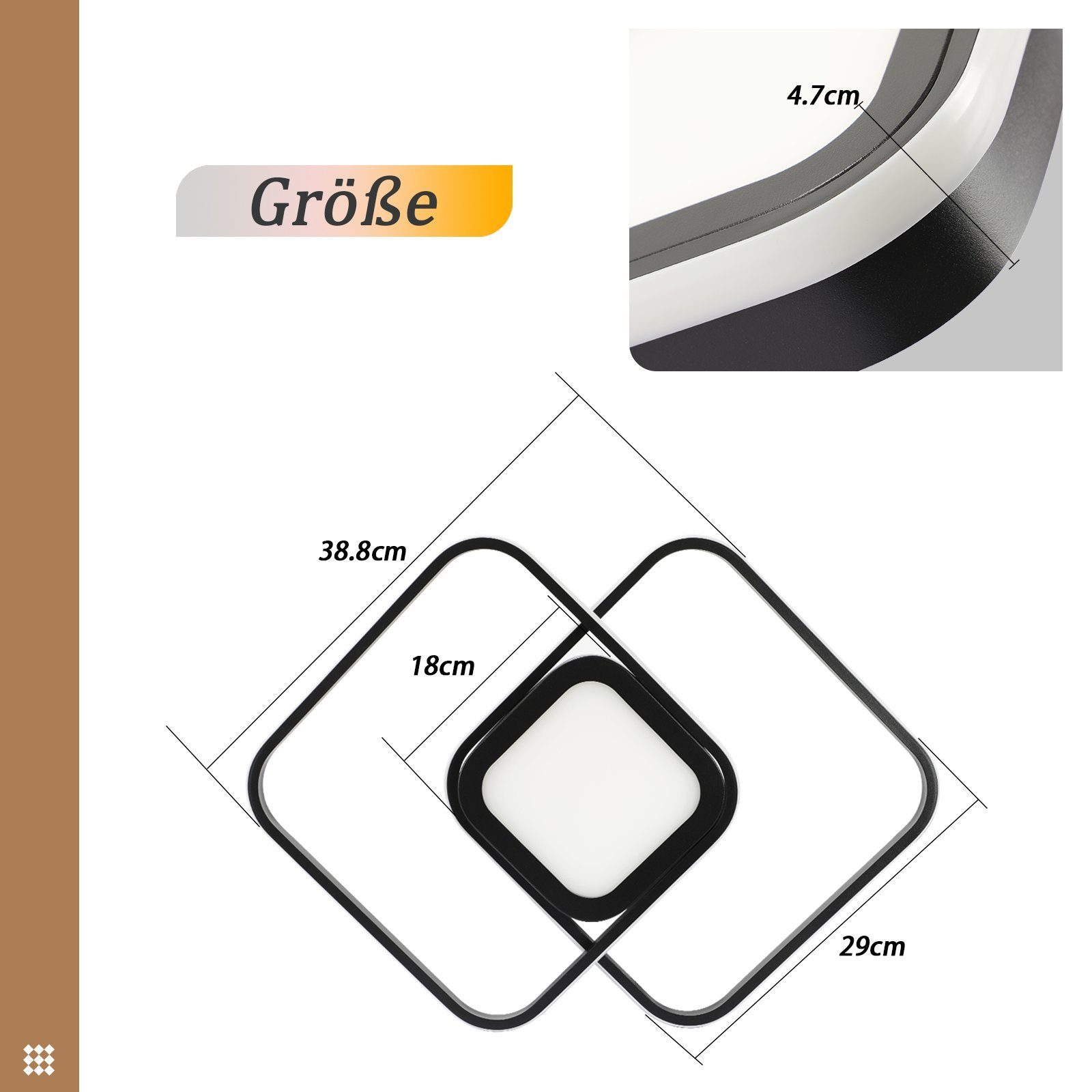 Schema del lampadario da soffitto in bianco e nero. Le dimensioni sono indicate in centimetri.