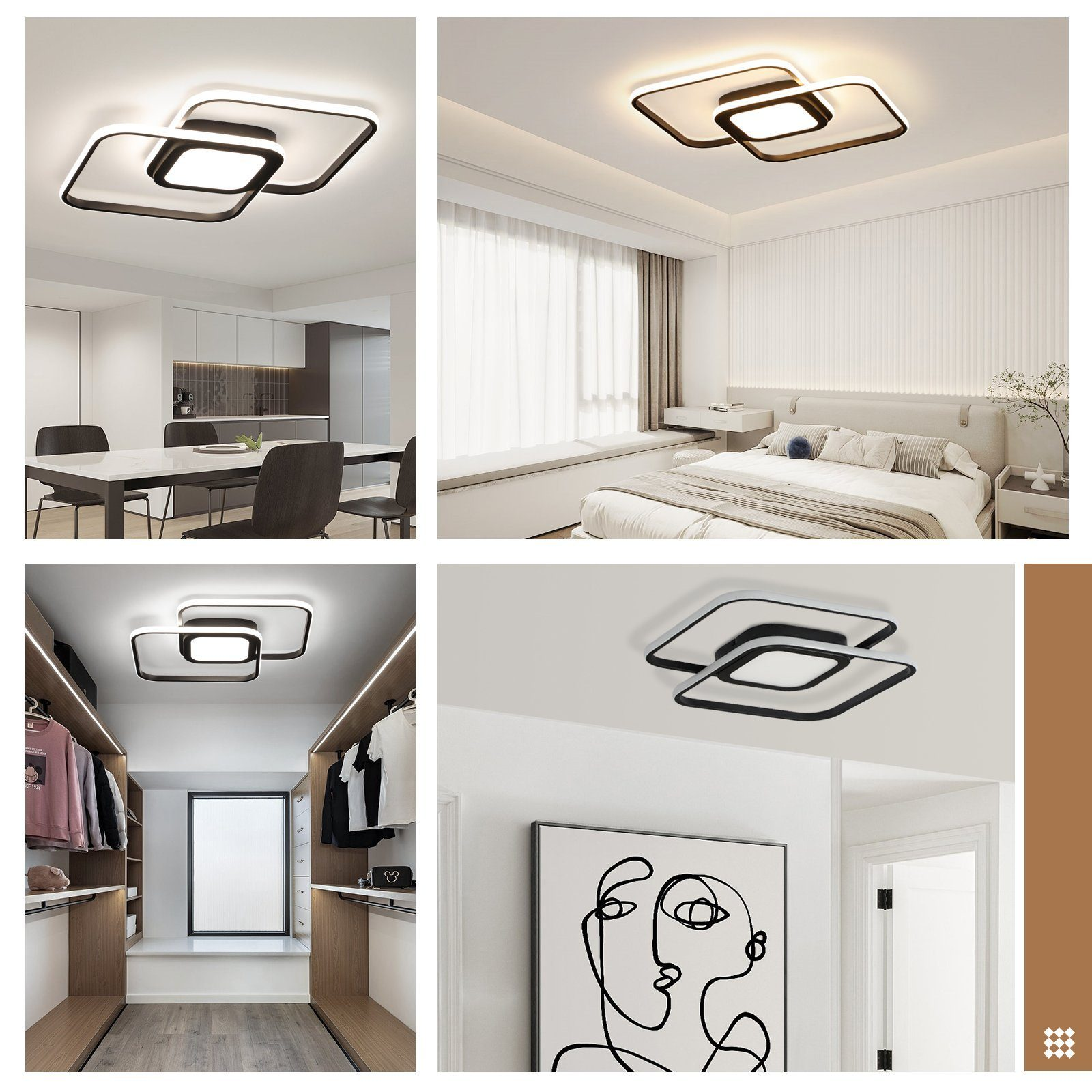 Cuatro imágenes de luces de techo modernas en diferentes habitaciones. Diseño cuadrado en blanco y negro.