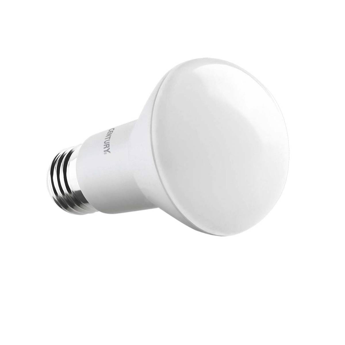 Una lampadina bianca con base argentata, angolata su sfondo bianco.