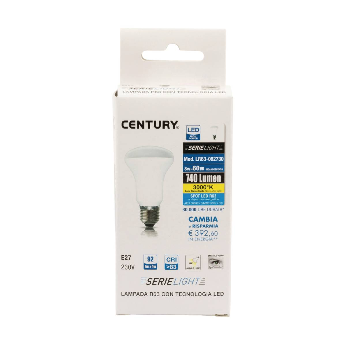 Lampadina LED in scatola, con testo sul risparmio energetico e specifiche.
