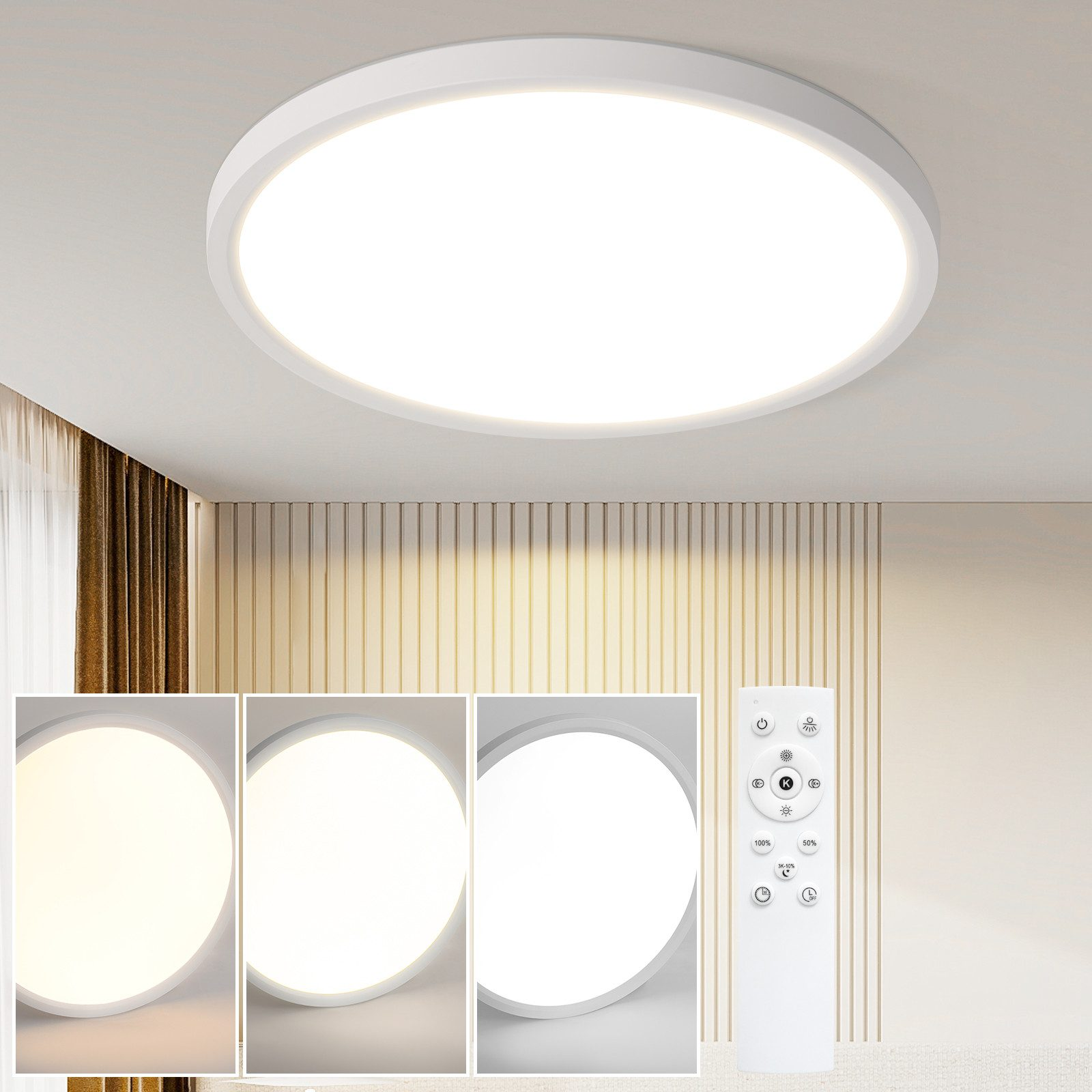 Runde LED-Deckenleuchte, hellweiß. Zeigt Fernbedienung und drei Helligkeitseinstellungen.