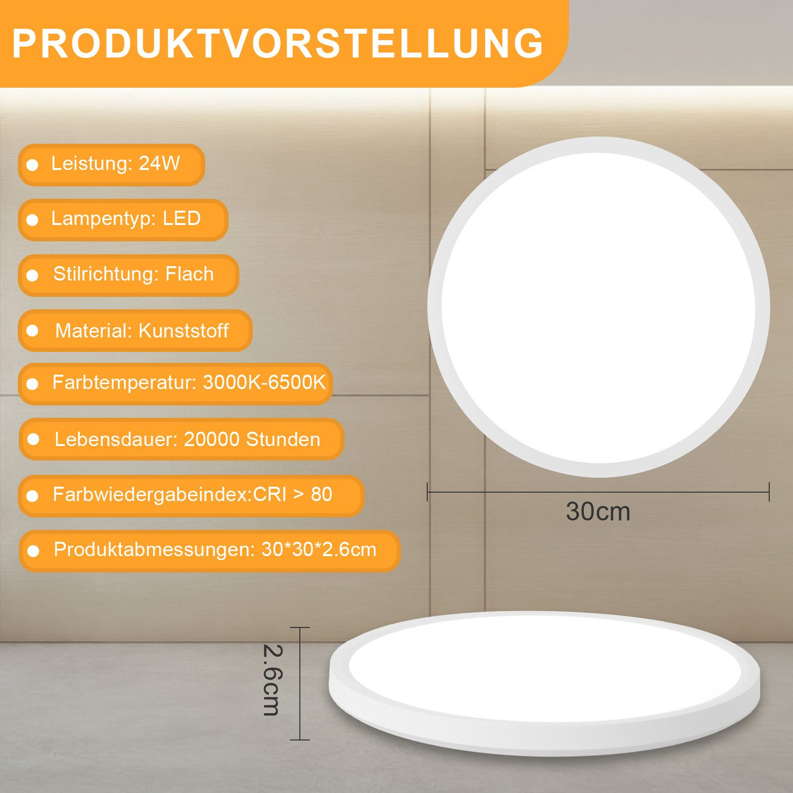 Eine weiße, runde LED-Deckenleuchte mit Produktspezifikationen. Informationen umfassen Leistung, Lebensdauer und Abmessungen.