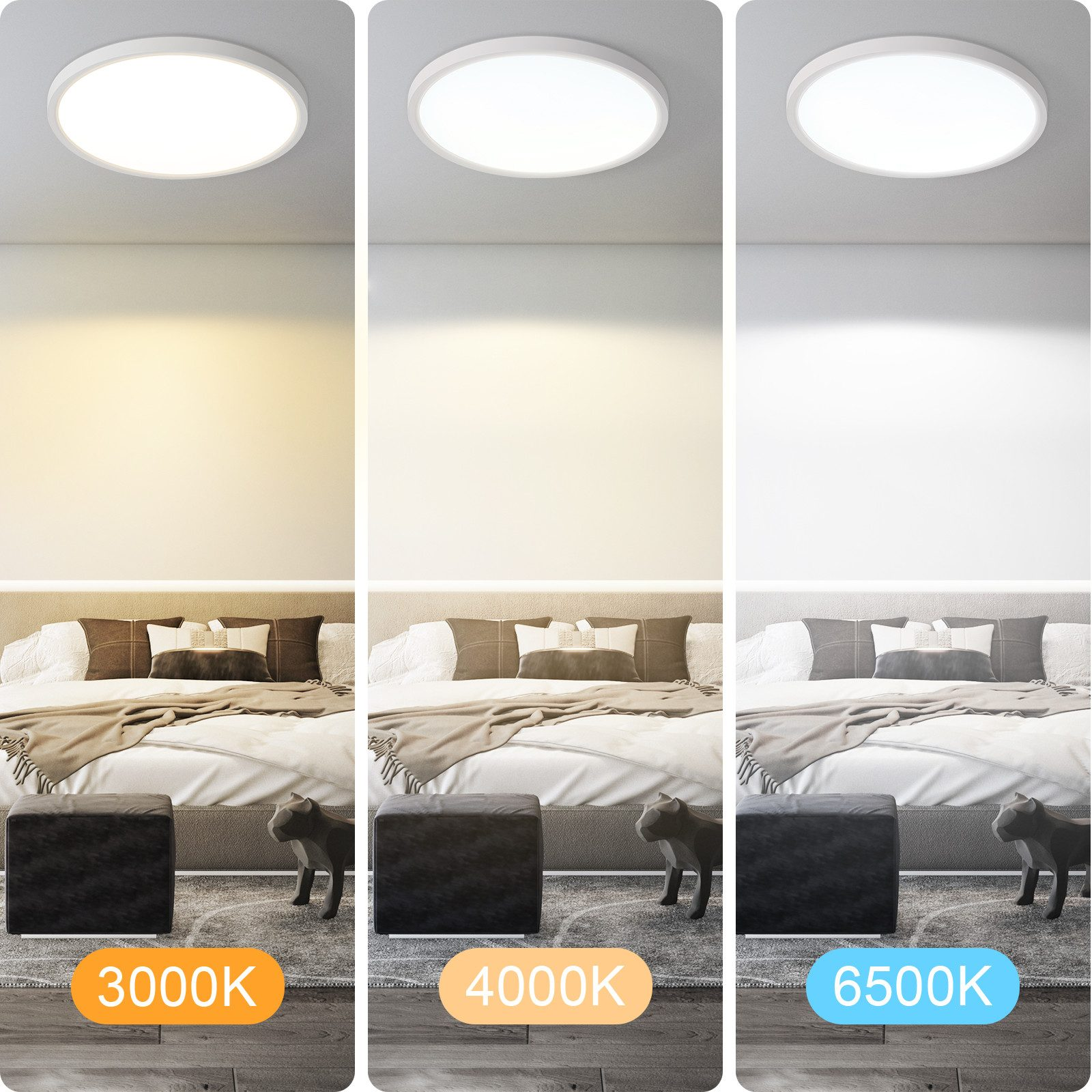 Drei Bilder mit verschiedenen Farbtemperaturen (3000K, 4000K, 6500K) einer Deckenleuchte und deren Wirkung auf ein Schlafzimmer.