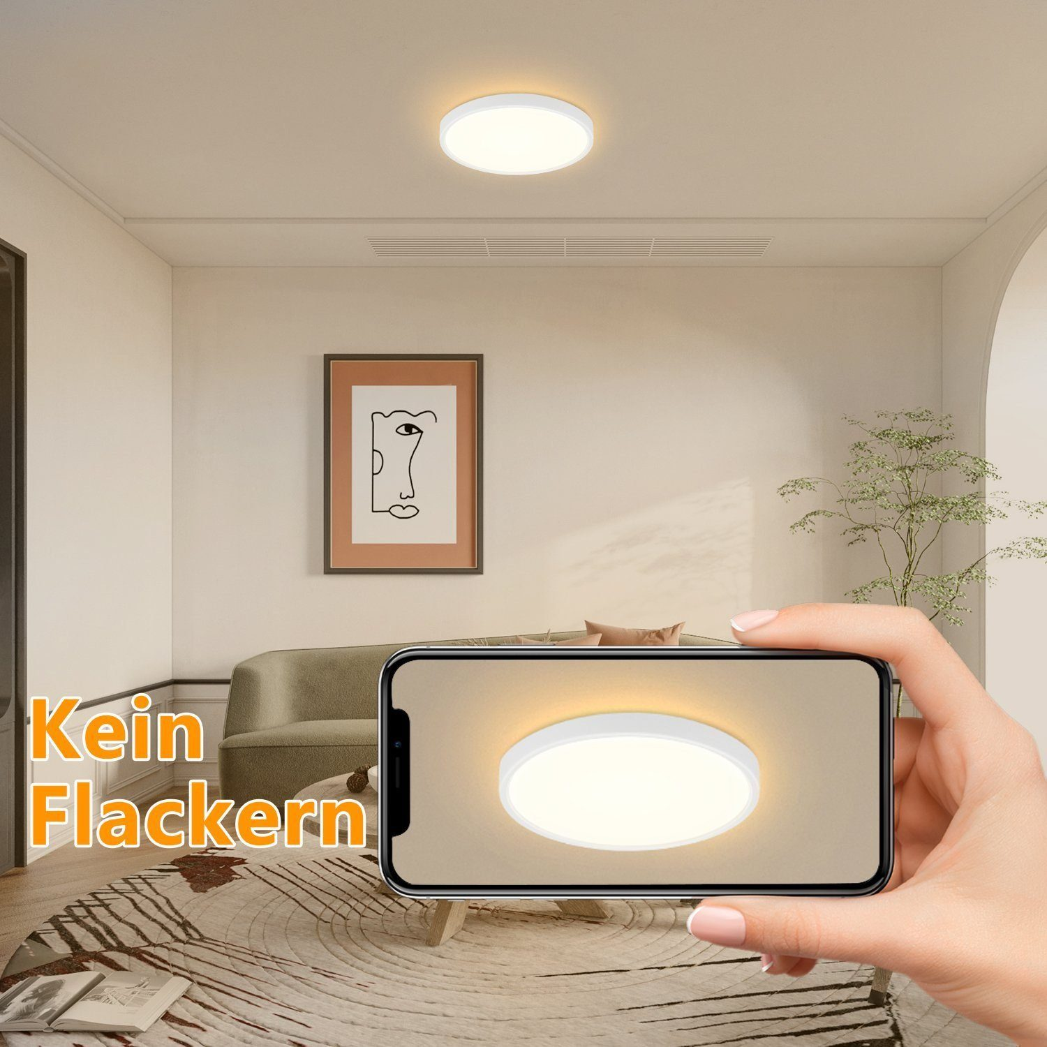 Una persona sostiene un teléfono que muestra una luz de techo redonda en una habitación.